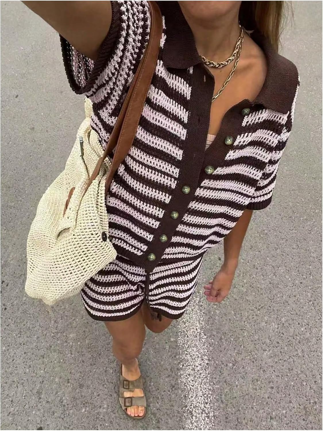 MakeMeChic Women's Two Piece Sets Crochet Striped Knit Top Mini Shorts image 5