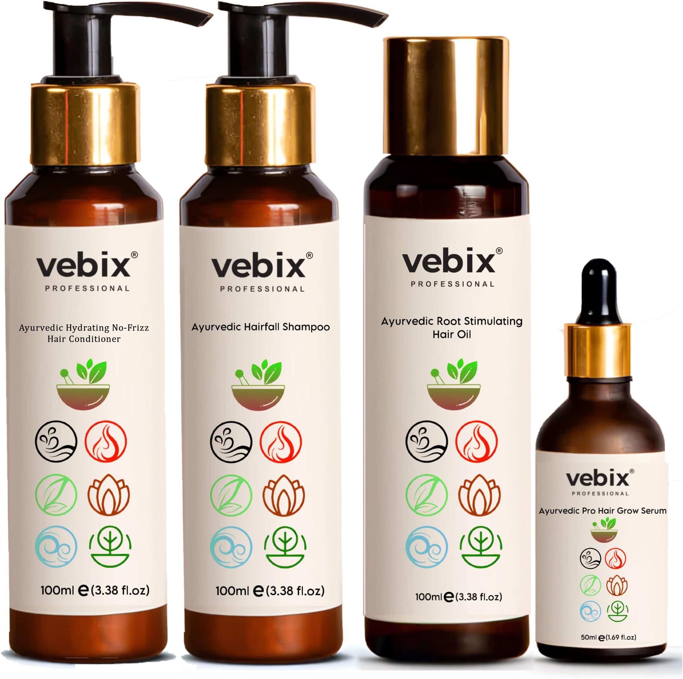 VebixProfessional Customized HairFall Control Regimen Ayurvedic 4 Product Kit | Anti Hairfall Shampoo - Hair Oil, Keratin Conditioner & Hair Growth Serum | 350ml (All Hair Types)