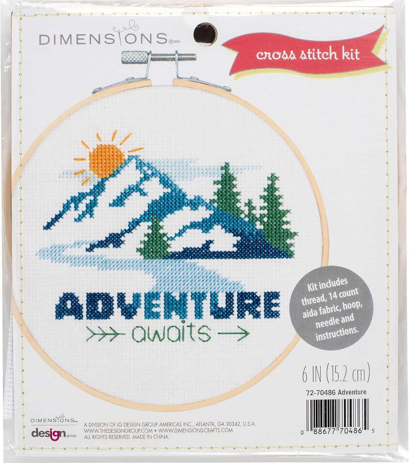 Dimensions Adventure Awaits Beginner Cross Stitch Kit, 6" Round 14 Count Aida, Bamboo Hoop, Mountain Design