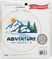Dimensions Adventure Awaits Beginner Cross Stitch Kit, 6" Round 14 Count Aida, Bamboo Hoop, Mountain Design