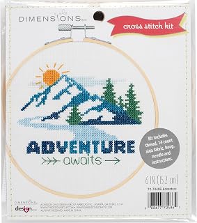 Dimensions Adventure Awaits Beginner Cross Stitch Kit, 6" Round 14 Count Aida, Bamboo Hoop, Mountain Design