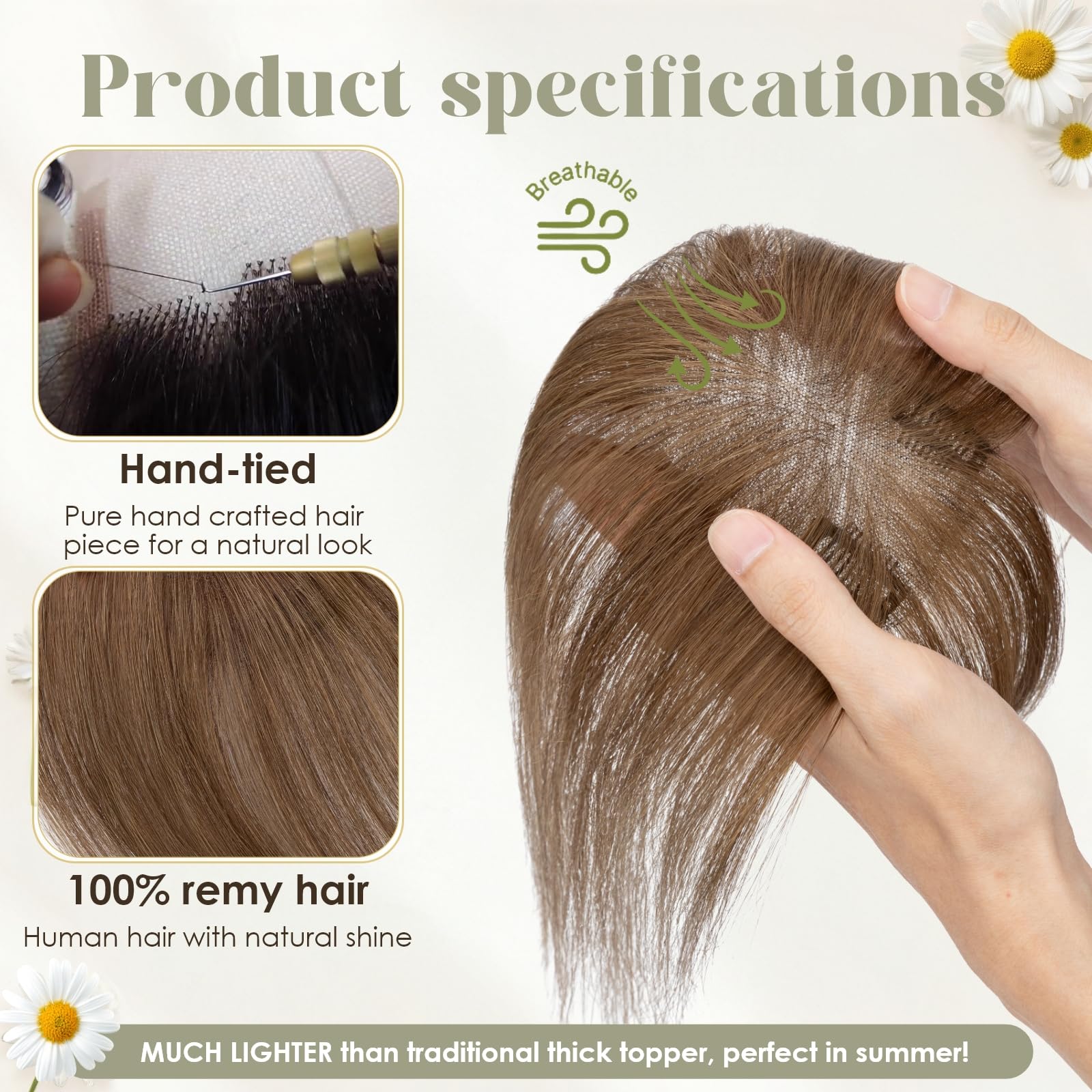 Rich Choices Haartopper Echthaar mit Pony 100% Remy Human Hair Topper Clip in Haarteil Echthaar Topper Damen für Natürlicher Oberkopf 14g #4 Mittelbraun Wispy Bangs