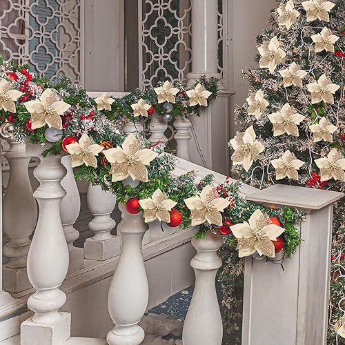 Miniatura 6 de Boao 24 flores de pascua artificiales con purpurina para Navidad, boda, árbol de Navidad, Año Nuevo (champán)