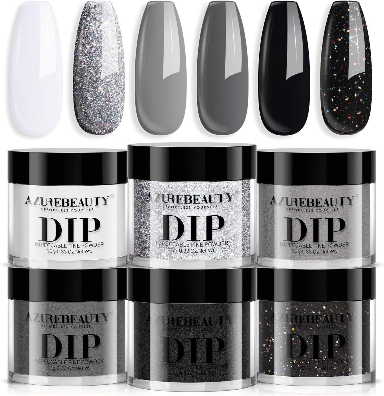 AZUREBEAUTY Dip Powder Nail Basic Set White Black Silver Grey Pure Sparkle 6 Colors All Seasons Dipping Powder Starter Kit French Nail Art Manicure DIY Salon for Women, No Need Nail Lamp Cured