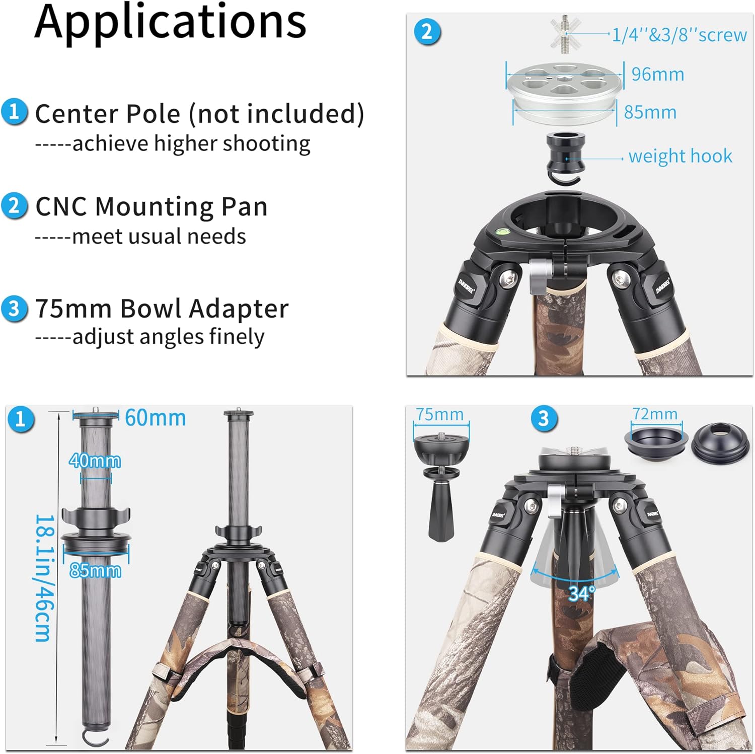 INNOREL RT90CM Carbon Fiber Bowl Tripod - Heavy Duty With 75mm Bowl Adapter, 40mm Leg Tube, Ultra Stable Professional Camera Tripod, Max Load 88lb/40kg, Camouflage Sleeve
