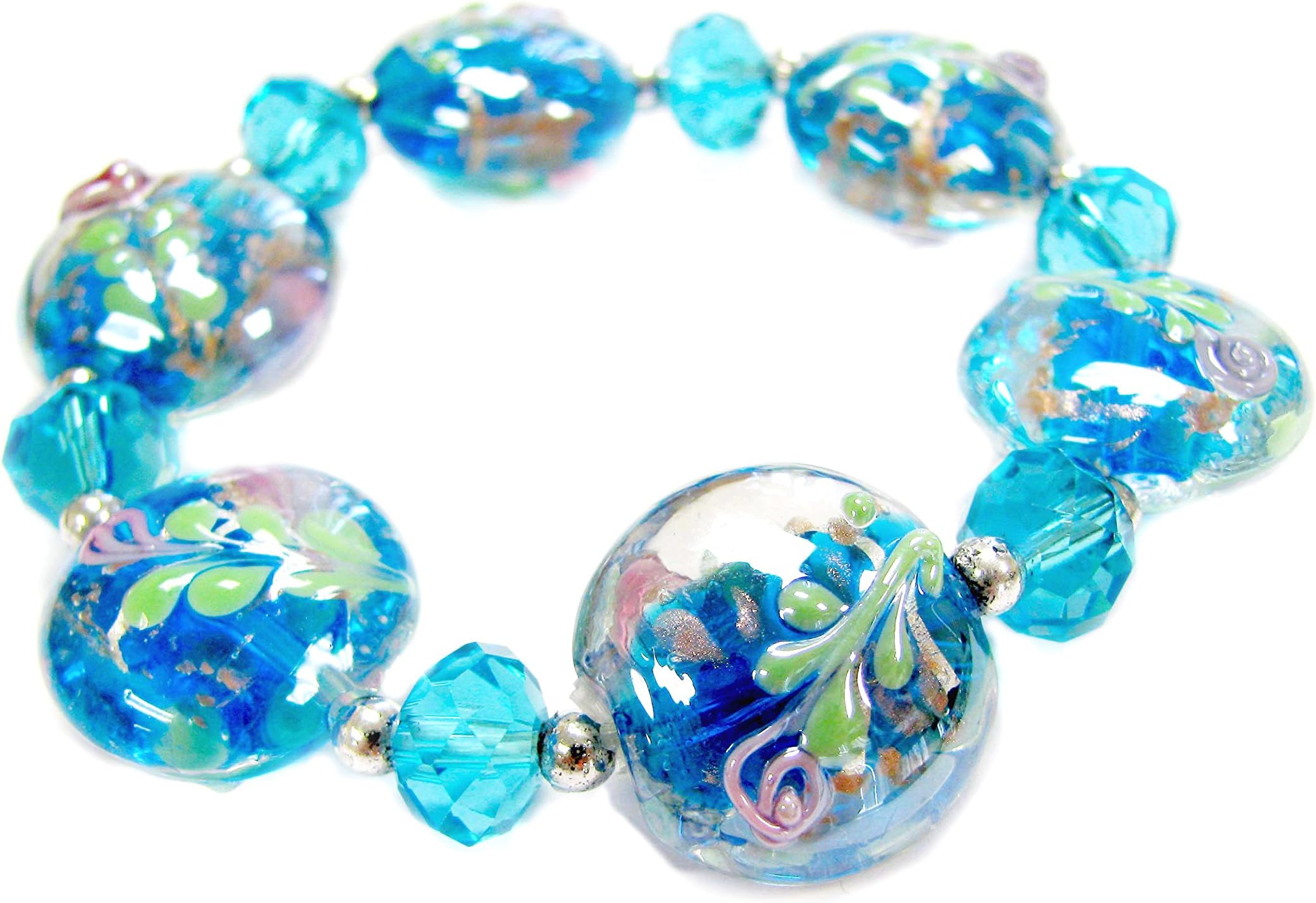 Linpeng BR-1538 Flower Lampwork Glass Crystal Beads Stretch Bracelet in Gift Bag, Turquoise
