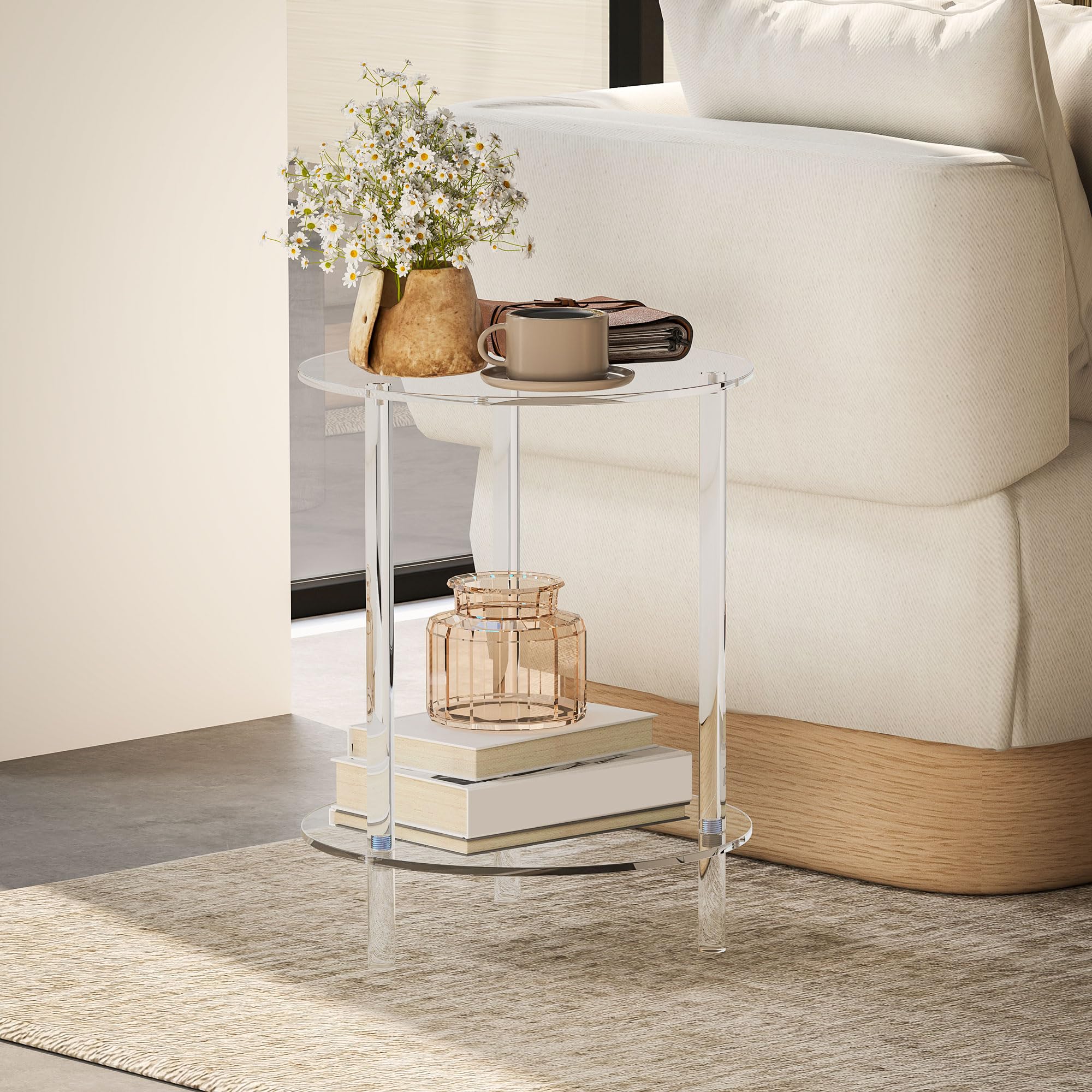 HOMCOM Tavolino Basso Rotondo 2 Livelli Acrilico Ø40x50 cm Trasparente | per Interni, Tavolino da Divano