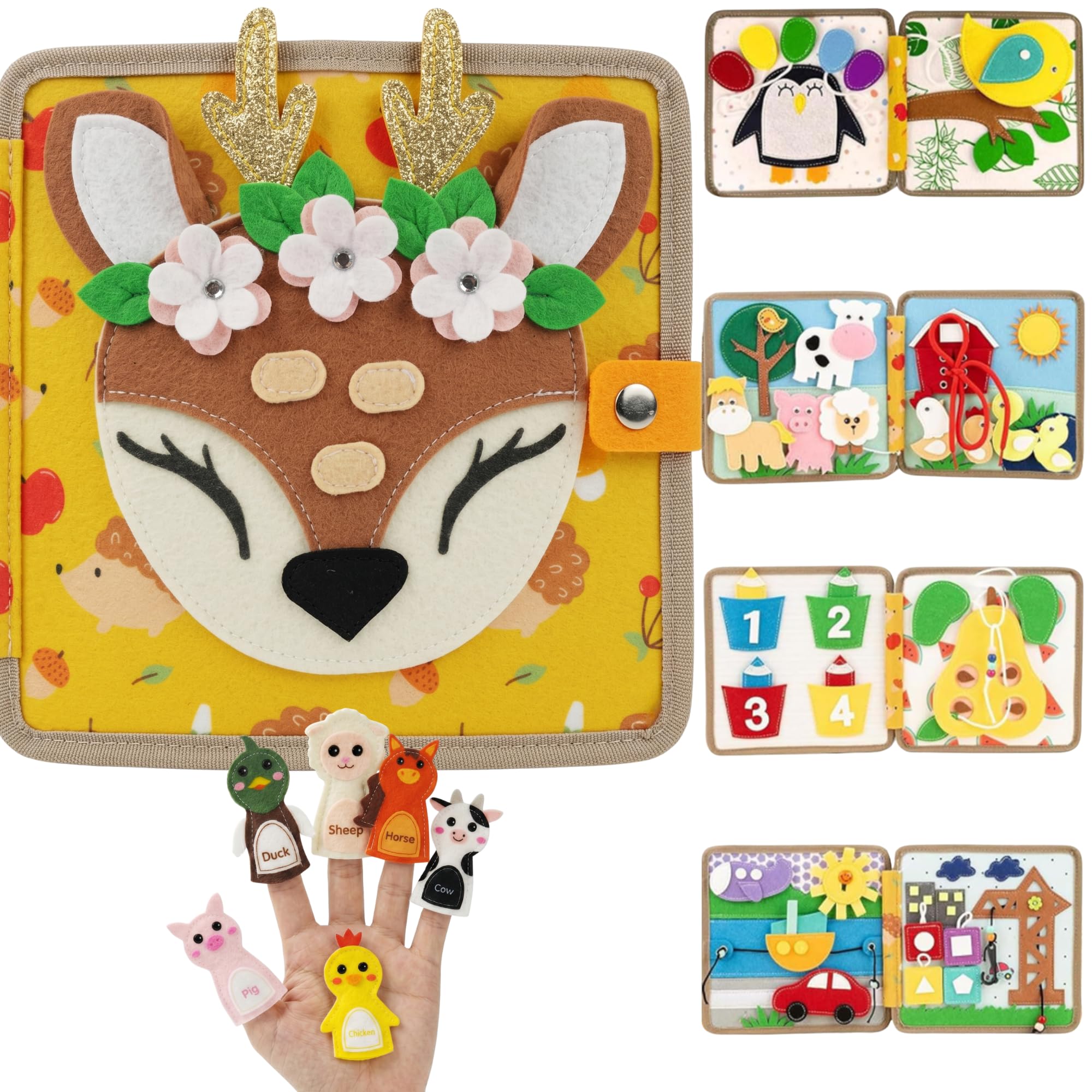 LUMS Libro Montessori 1 Año - Juguetes Montessori Bebé 2 3 4 5 Años, Busy Board y Tablero Sensorial de Fieltro, Busy Book Interactivos de Actividades, Juego de Viaje para Coche con 6 Marionetas