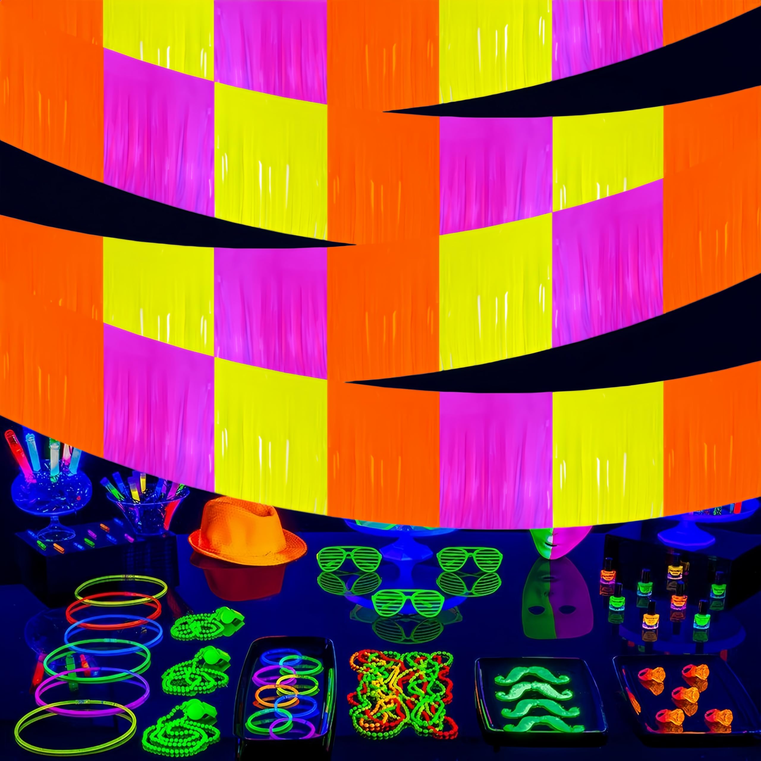 4 Packs 10 Feet Foil Fringe Banner Glow in The Dark Party Supplies Neon Party Macaron Fluorescent Yellow Orange Fuchsia Streamers Decorations Metallic Tinsel Photo Booth Birthday Glow Supplies