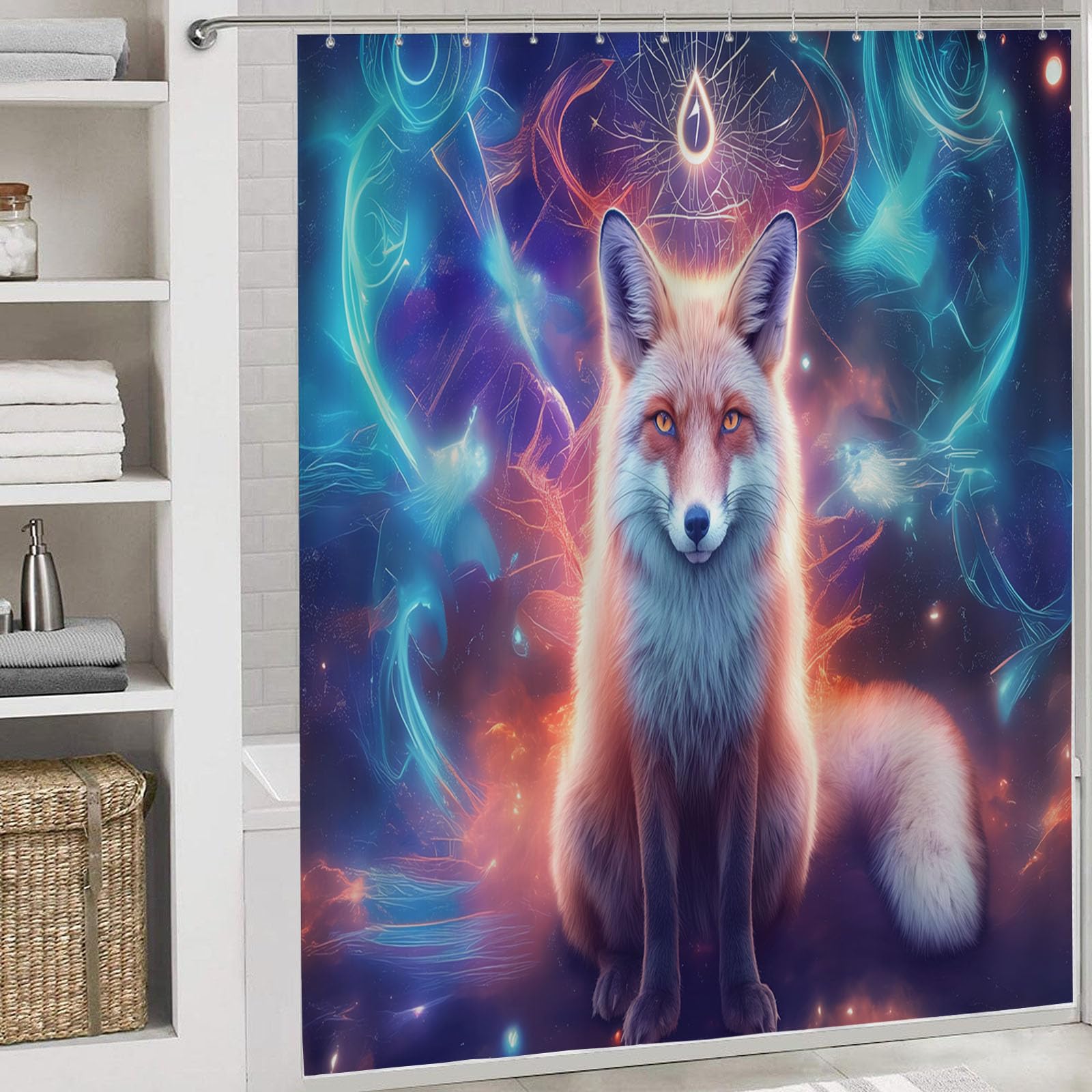 Cortina de Ducha con impresión Digital de Fantasía Animales Cortina de Baño con Cielo Estrellado Zorro,240x200cm Impermeable Cortinas de Ducha con 12 Ganchos Tela de poliéster para baño