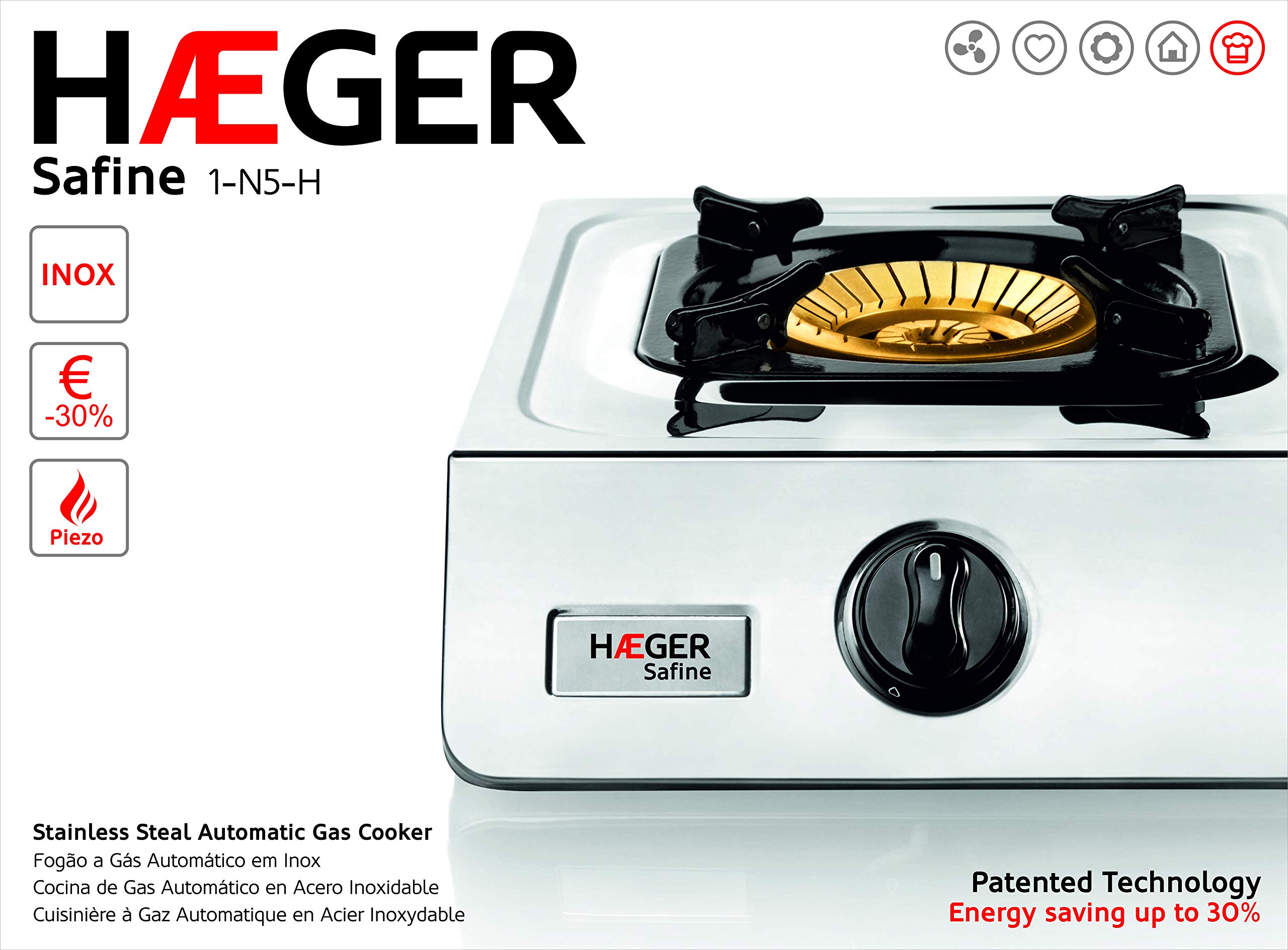 HAEGER SAFINE - Gaskocher mit patentierter Technologie, Automatische Zündung PIEZO, Doppelbrenner in Bronze mit 110 mm, Körper aus INOX, Anti-Rutsch-Füße und Fuß für große Pfannen