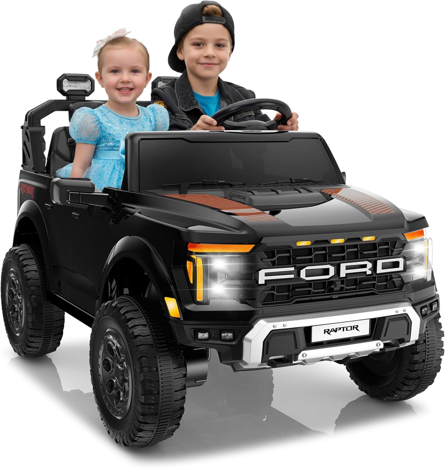 Licensed Ford F-150 Raptor 2 Seater Electric Car, 24V Ride on Car for Big Kids with Remote Control, Toddler Car w/4 Wheels Suspension, LED Lights, Bluetooth, Soft Start Function (24V, Black)