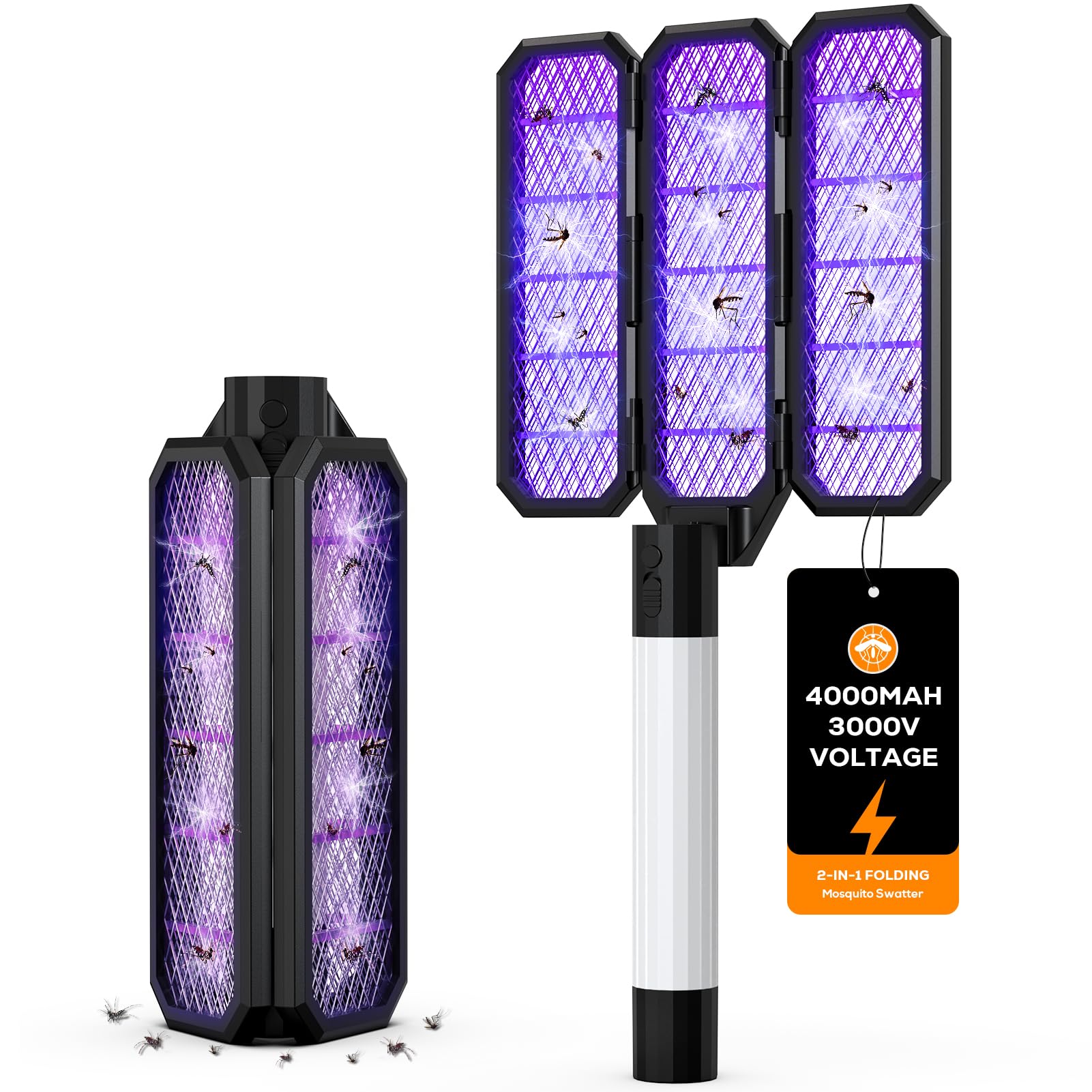 Lampara Antimosquitos, Raqueta de Insectos 2 en 1 de Tres Pliegues, Mata Insectos Portátil con luz UV, Batería Recargable de 4000 mAh, Matamoscas Eléctrico para Interiores y Exteriores