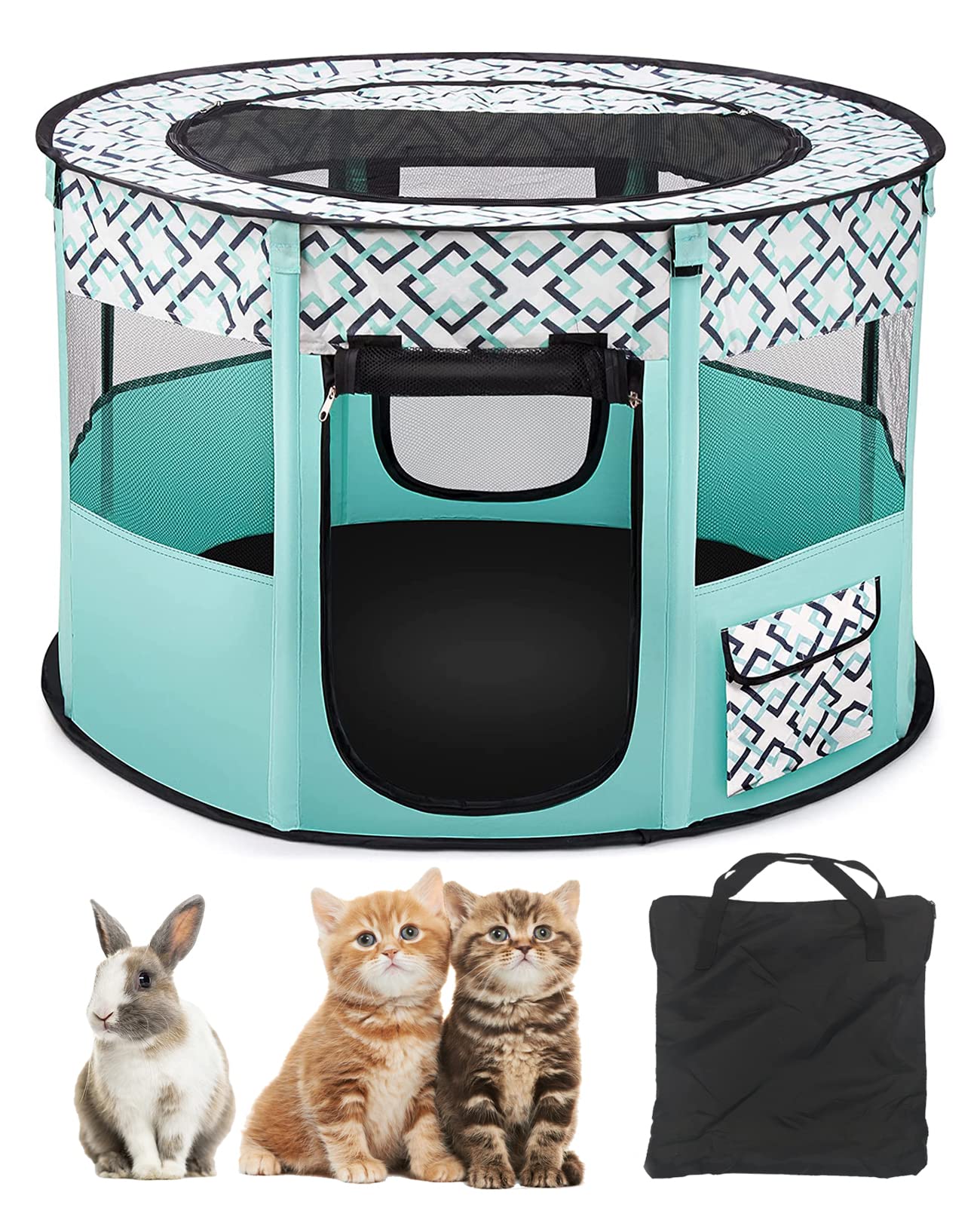 BNOSDM Rabbit Playpen with Zippered Top Portable Cat Play pens Cage Tent Kitten Foldable Pop Up playpen Indoor Outdoor Travel Use Exercise Yard Fence for Rabbits Kittens Cats Puppies