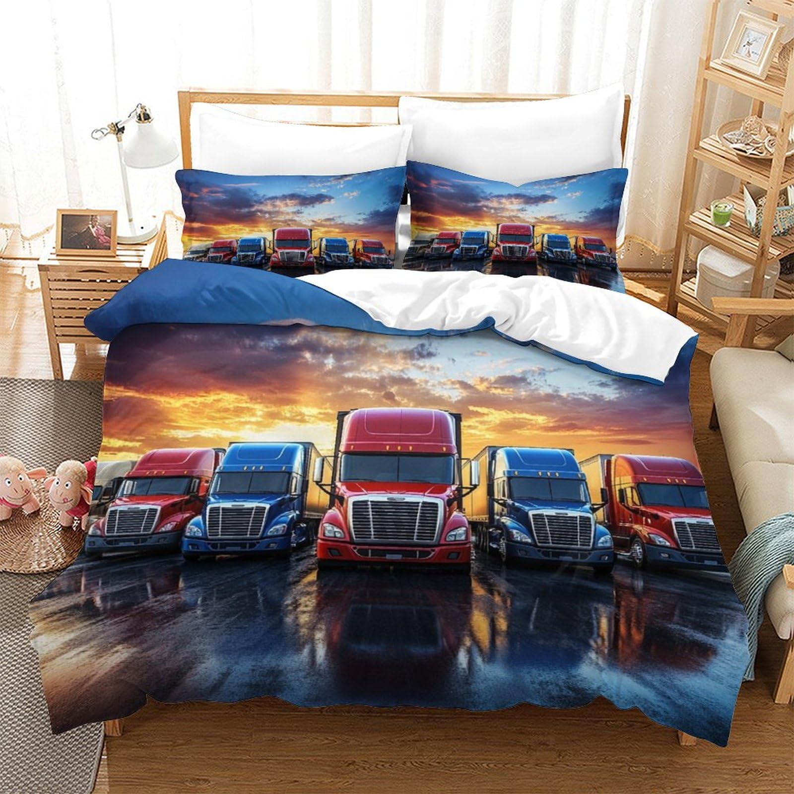 XiaopangXY American Truck Colorful Comforter Cover Hidden Zipper Lorries Duvet Cover Set with Pillowcases Bedding Set Soft Microfiber Quilt Cover Set for Kids Adults Double（200x200cm）