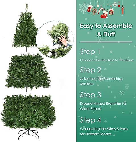 Miniatura 5 de Goplus Árbol de Navidad artificial preiluminado de 6 pies, árbol completo de Navidad de abeto con bisagras con 350 luces LED multicolor, 11 modos de