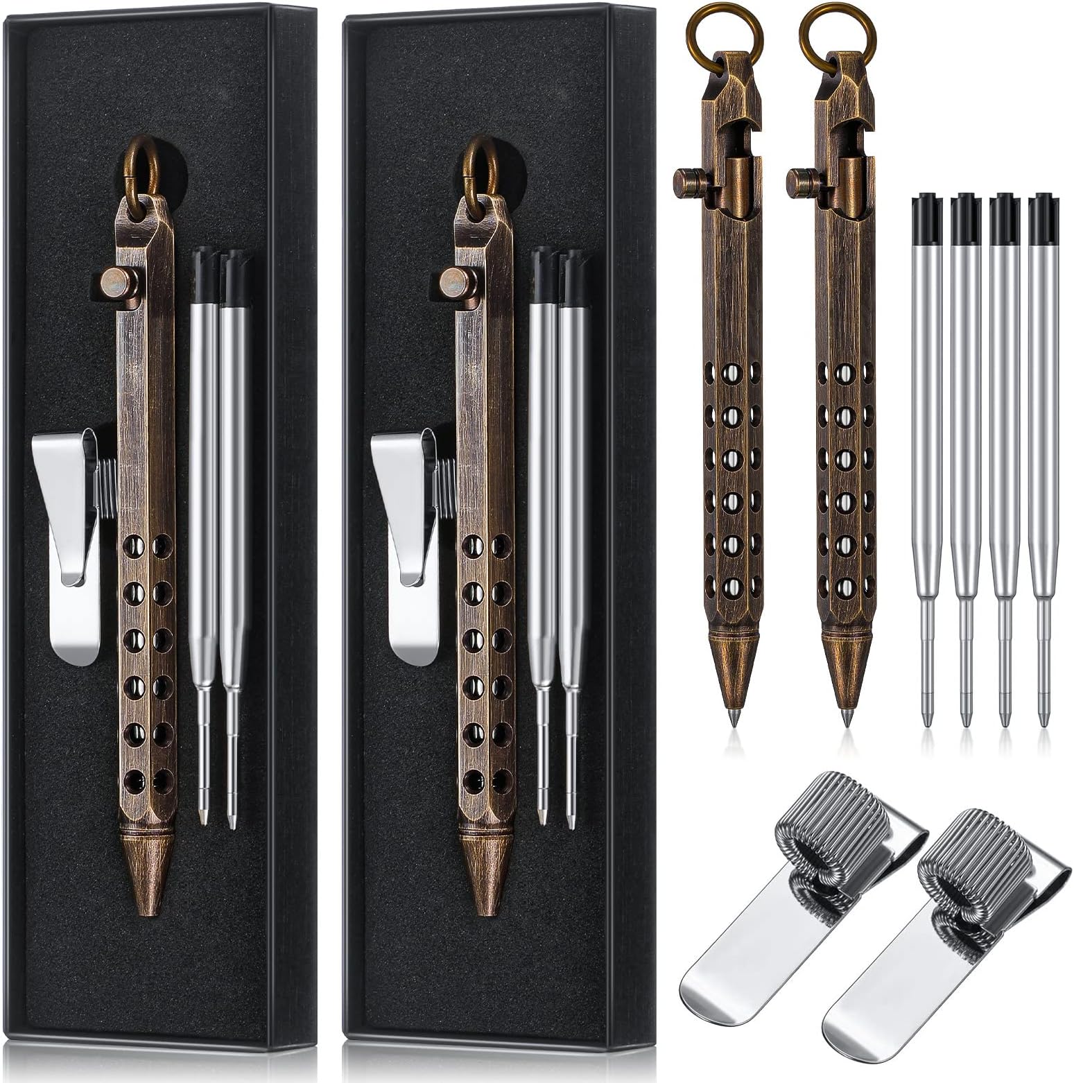 8 Pcs Bolt Action Pen Kit Include 2 Six Edge Solid Brass Pen 4 Replaceable Black Refills 2 Metal Pocket Clip with 2 Gift Package, for Men Gun Lover Valentine's Day Father Day Gift (Black)