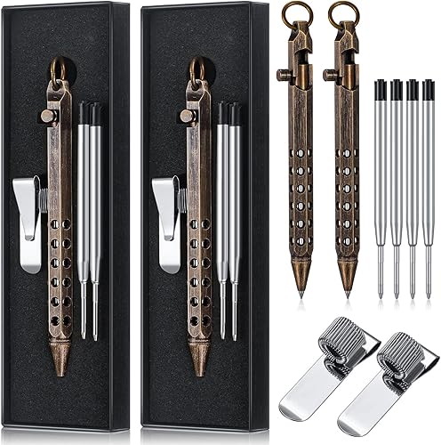 El kit de 8 bolígrafos de acción con perno incluye 2 bolígrafos de latón macizo de seis bordes, 4 recambios negros reemplazables, 2 clips de