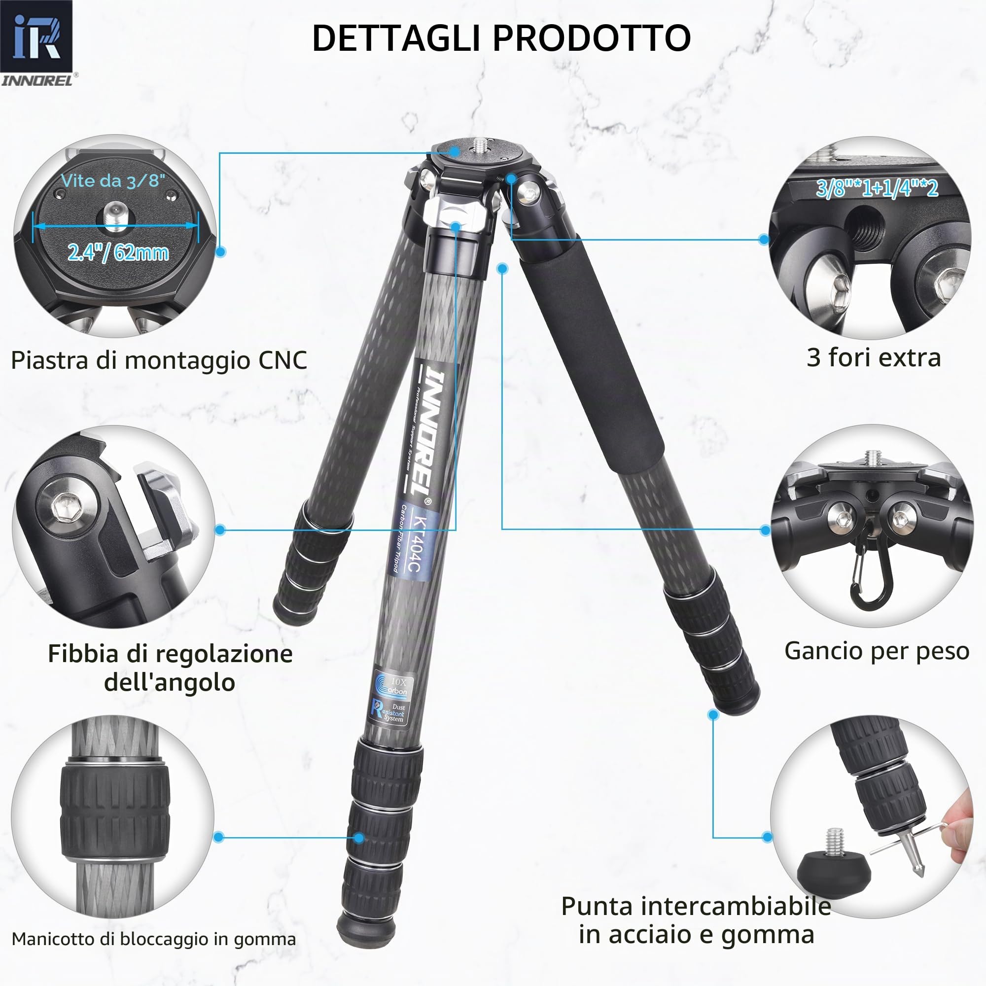 INNOREL KT404C Treppiede compatto a 10 strati in fibra di carbonio Tubo da 40 mm Cavalletto professionale per fotocamera resistente per videocamera digitale DSLR Carico 35 kg con colonna centrale