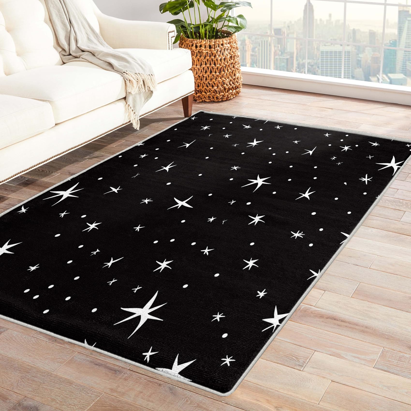 Stars Texture Rug, 5x7 Rug, Black Space Universe Rugs for Living Room Bedroom, Constellation Print Large Area Rug, Washable Rug Non Slip Soft Indoor