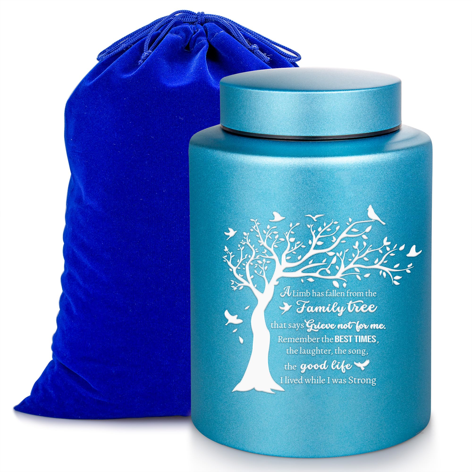 Gredstar Medium Blue Cremation Urn for Human Ashes - Holds Ashes for Individual Up to 140 lbs, Tree of Life Memorial Keepsake with Airtight Closure & Velvet Pouch โ image 1