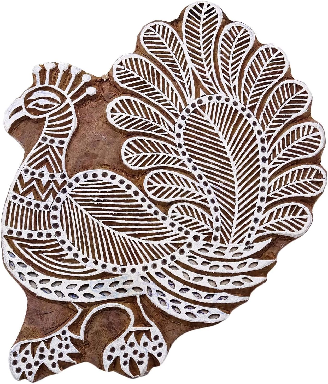 Wood Block Art Peacock Textile Printing Block Brown Hand Carved Stamp