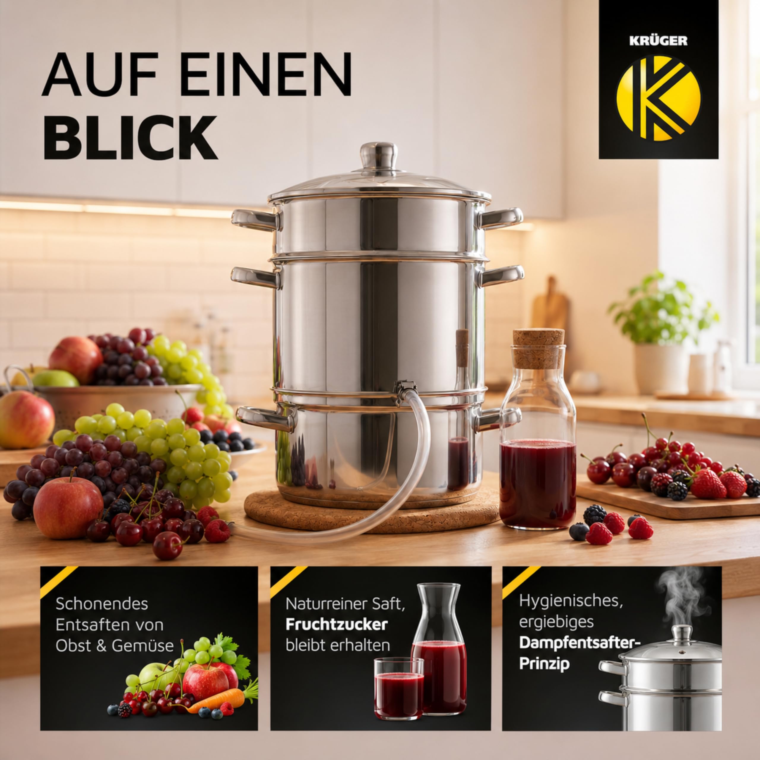 Krüger Edelstahl Dampfentsafter Mainau mit Glasdeckel Ø 26 cm (8 L) | PFAS-frei & unbeschichtet | Mit Glasdeckel, Ablaufschlauch & Kapselboden | Induktionsgeeignet | Für Saft, Gelee & Sirup