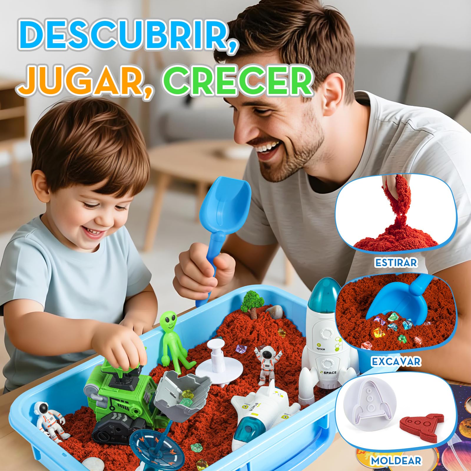 KNASON Arena Juguetes Mágica de Espacio Exterior,Arena Sand con Arenas,Extraterrestre Brillante y Gemas,Caja de Arenas con Tapa,Sand para Arenero Regalo para Niños de 3 a 8 Años