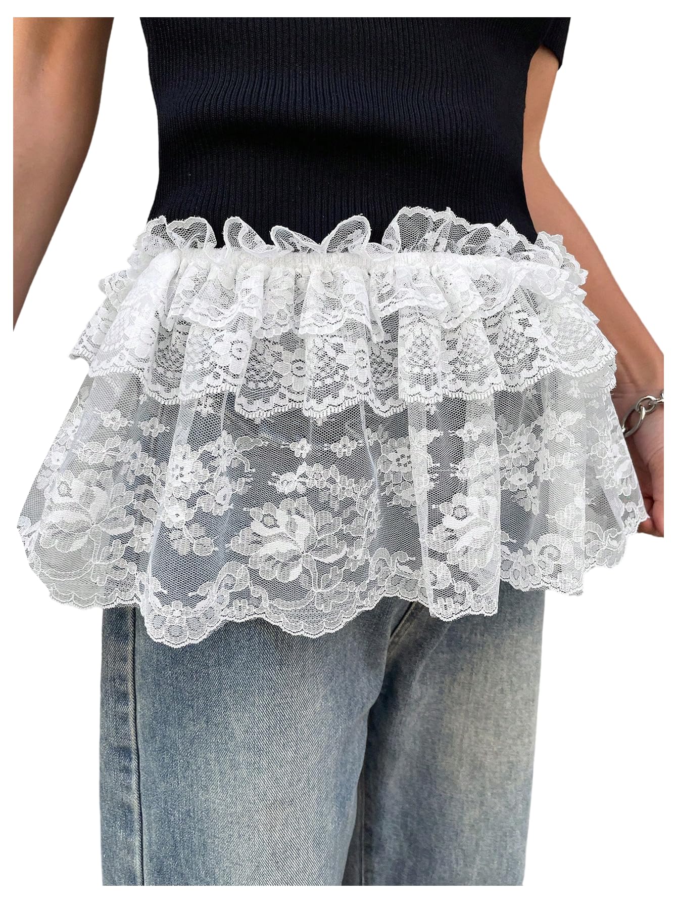 SHENHE Womens Sheer Lace Wrap Mini Skirt Tie Side Ruffle Layering Micro Skirt Waist Accessory