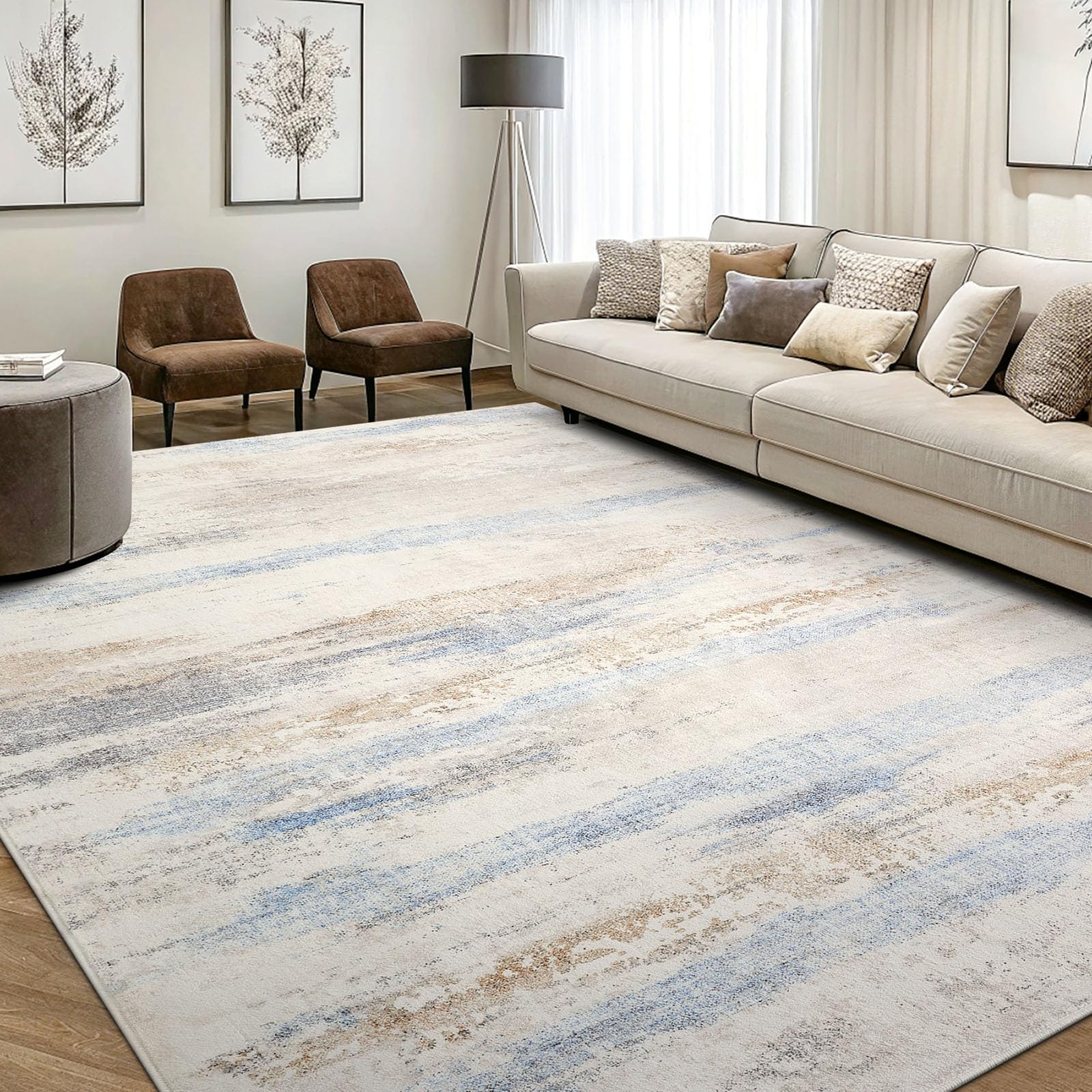 smiry Tappeto moderno astratto per soggiorno, 120 x 160 cm, lavabile, antiscivolo, in lana sintetica, a pelo corto, per camera da letto, sala da pranzo, ufficio, blu e beige