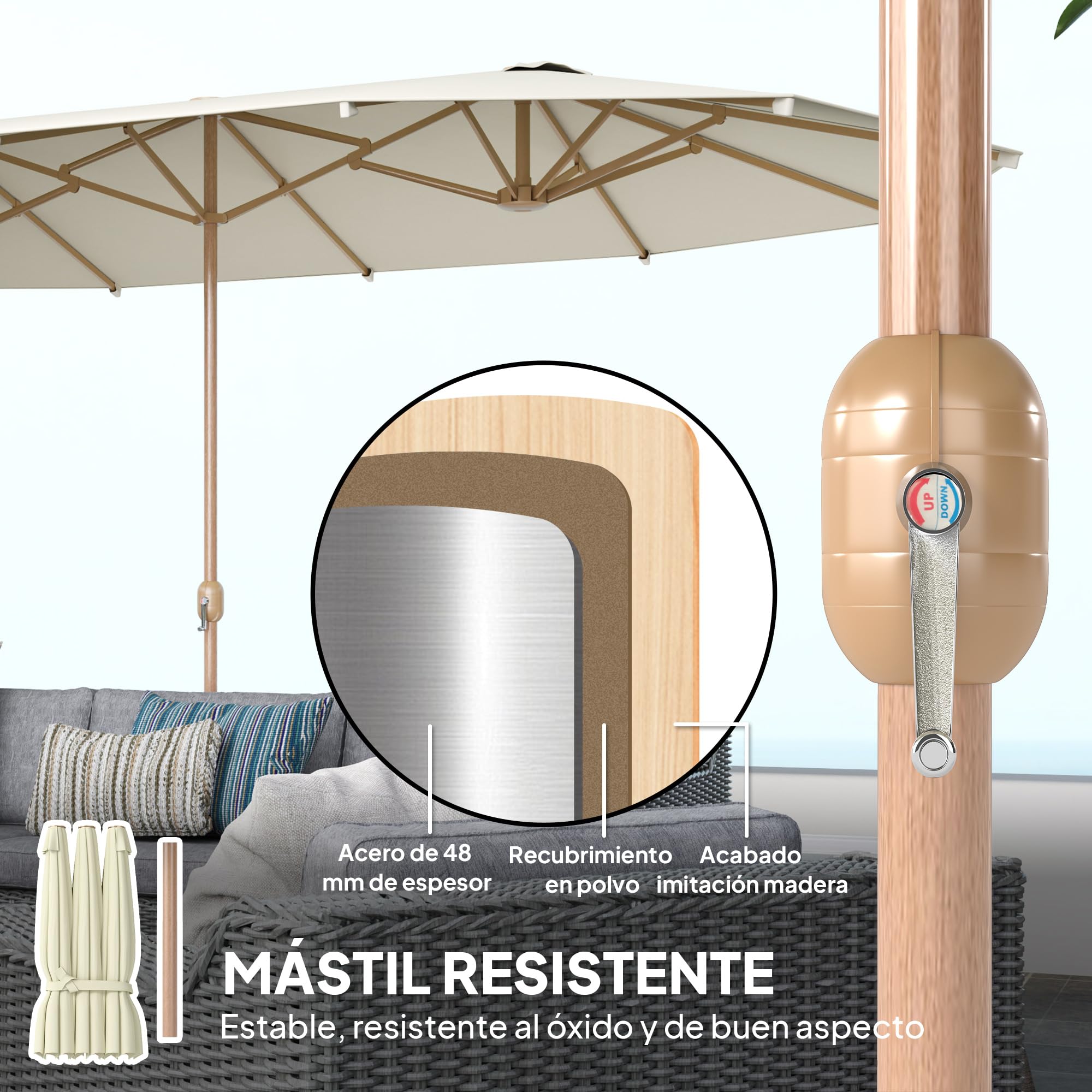 Outsunny Sombrilla Doble 4,6x2,7 m Sombrilla Terraza Exterior con Manivela Manual Resistente al Agua y Protección Solar Parasol Grande para Terraza Playa Piscina