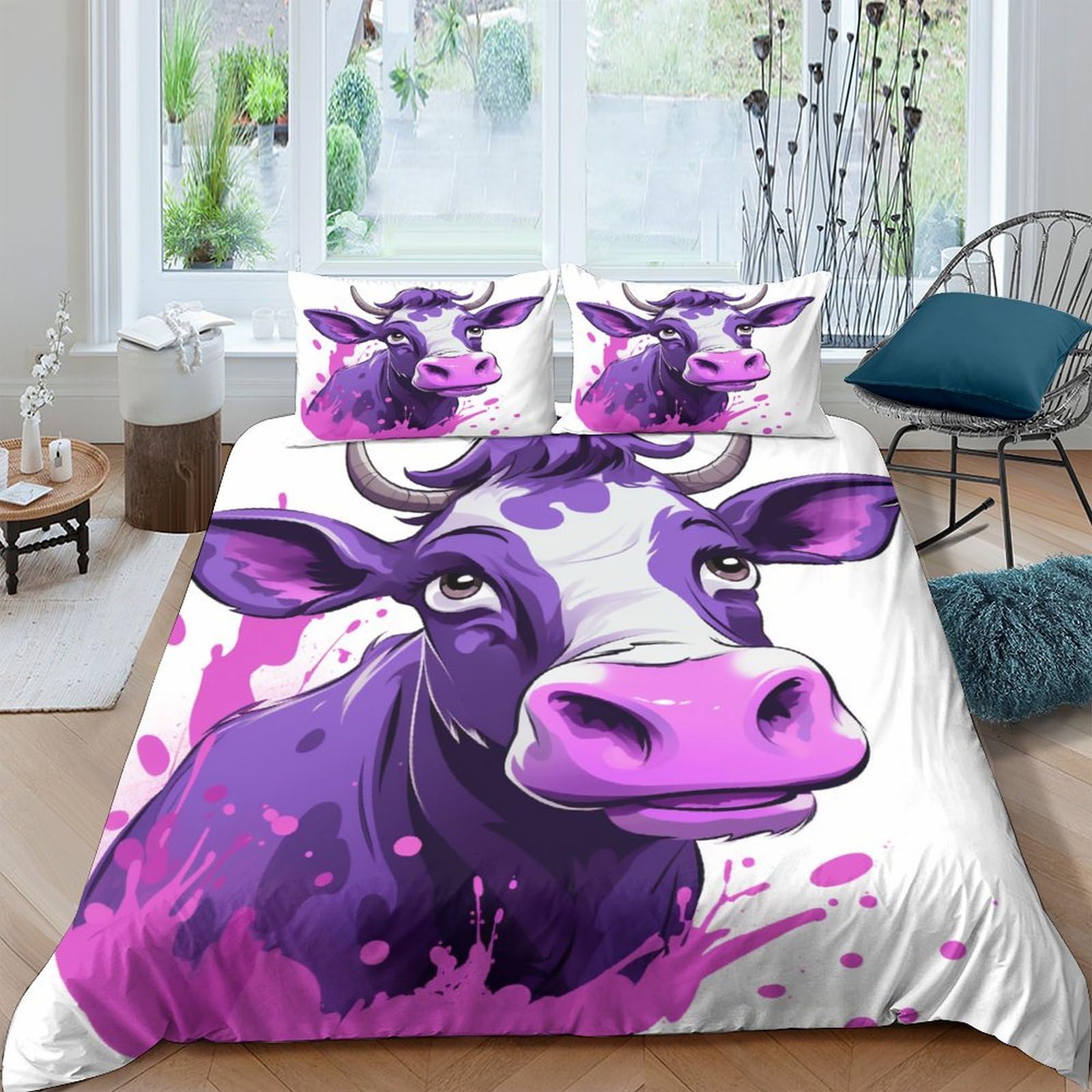 Parure de lit microfine 220x240 imprimé vache laitière 3D au fini doux et respirant