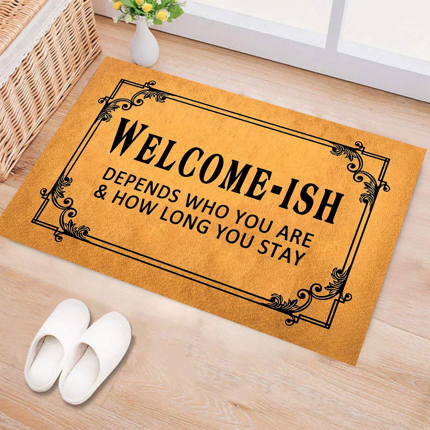 FunXiLin Funny Welcome Door Mats for Home Decor (17.7 x 29.5 inch) Gift Mats with Anti-Slip Rubber Back Kitchen Rugs Personalized Doormat for Entrance Way(Welcome-ish Depends Who You are)