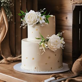 Wedding Flower Cake Decorations 2-Piece Pre-arranged Artificial Large White Rose with Green Leaves Anniversary Baptism Flower Cake Topper