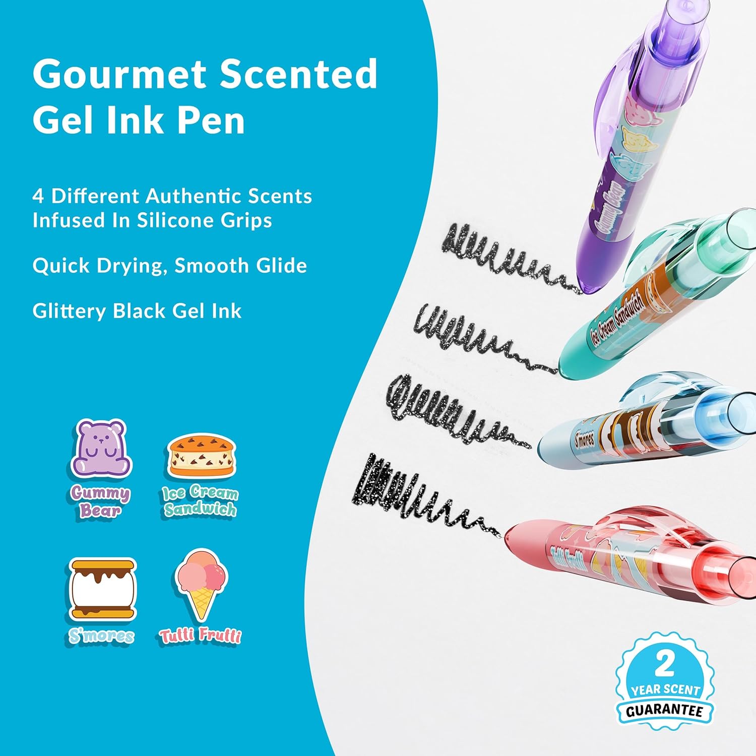 Dessert Smens – 4 Pack Colored Glitter Gel Ink Pens with Gourmet Scented Grips (Tutti Frutti, Ice Cream Sandwich, S’mores, Gummy Bear) – Fun Smelly Pens for Kids, Students & Adults - Image 2