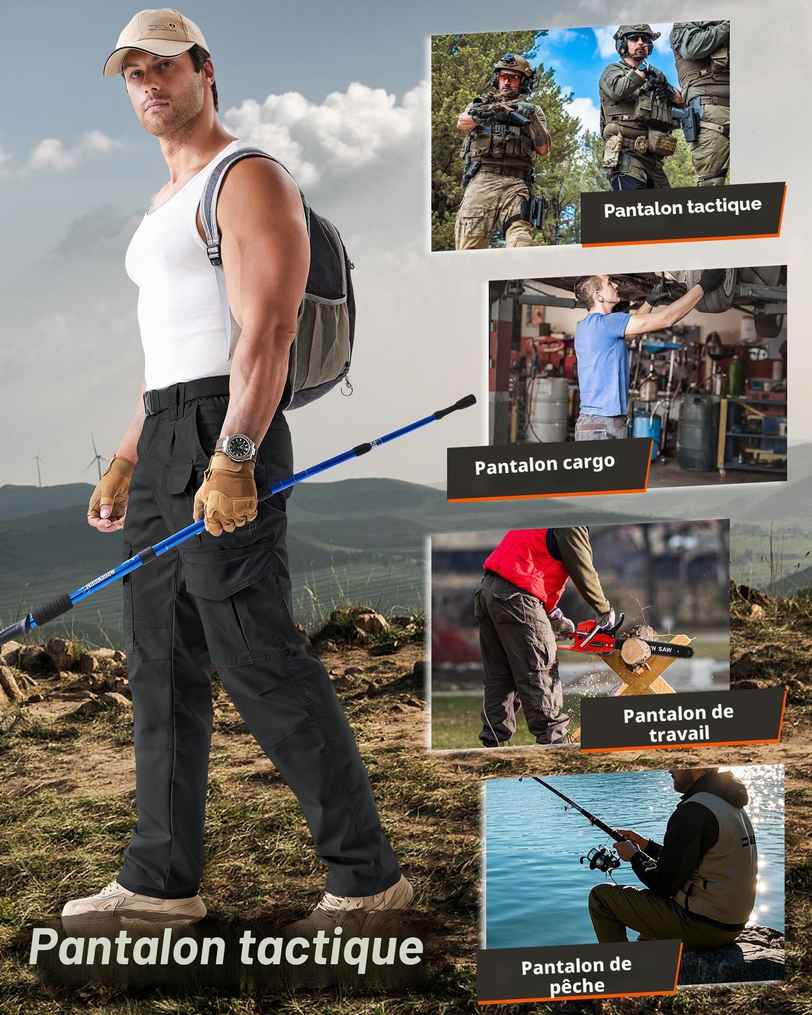 IGOLUMON Pantalon de Travail Homme Cargo Tactique - Pantalon de Sécurité Stretch avec 10 Poches - Tissu Anti-Déchirure & Taille Élastique pour Chantier, Randonnée et Tactique