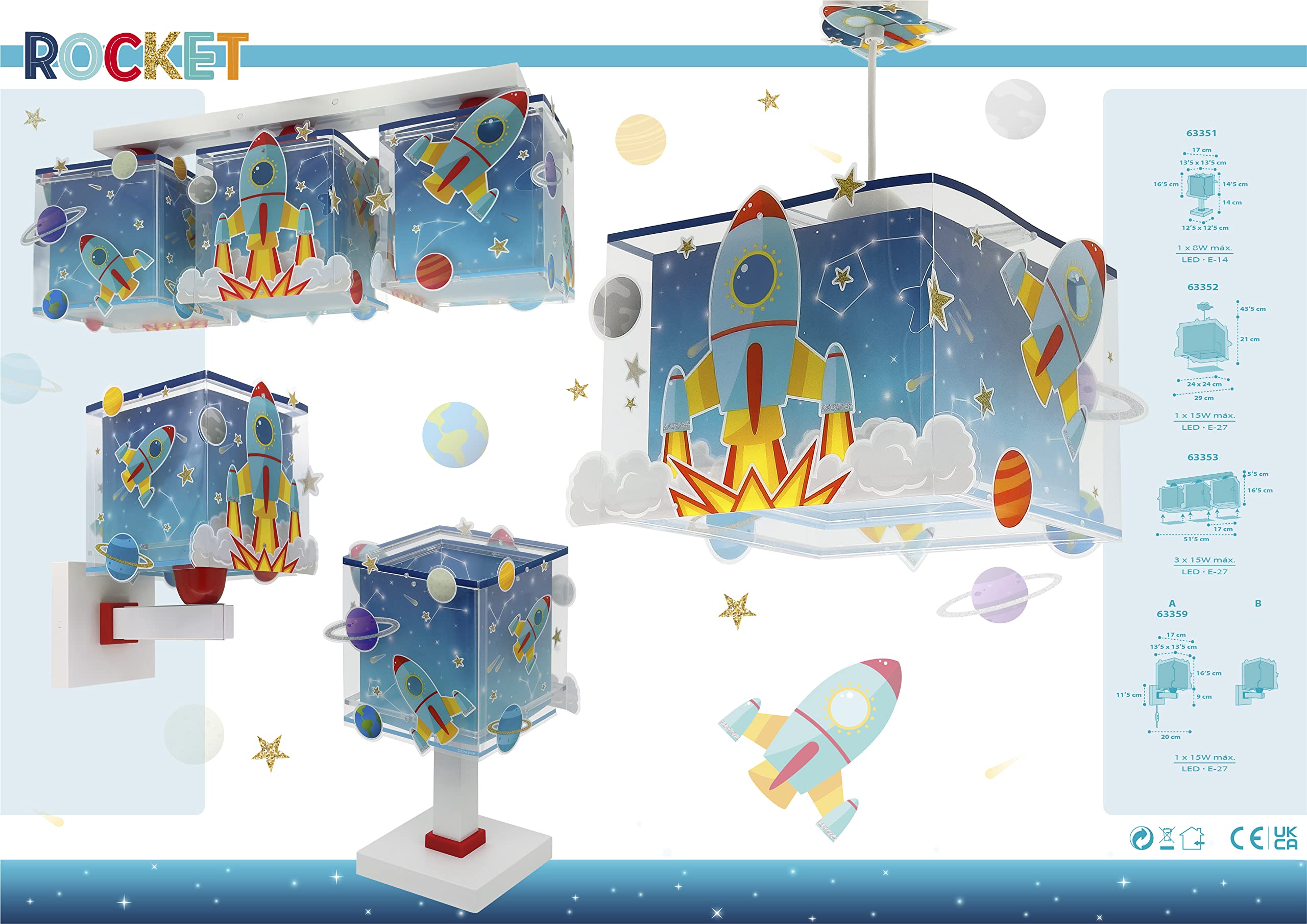 Dalber Lámpara de mesa o mesilla infantil Rocket Cohete espacial, 63351, E14, 8W, Azul