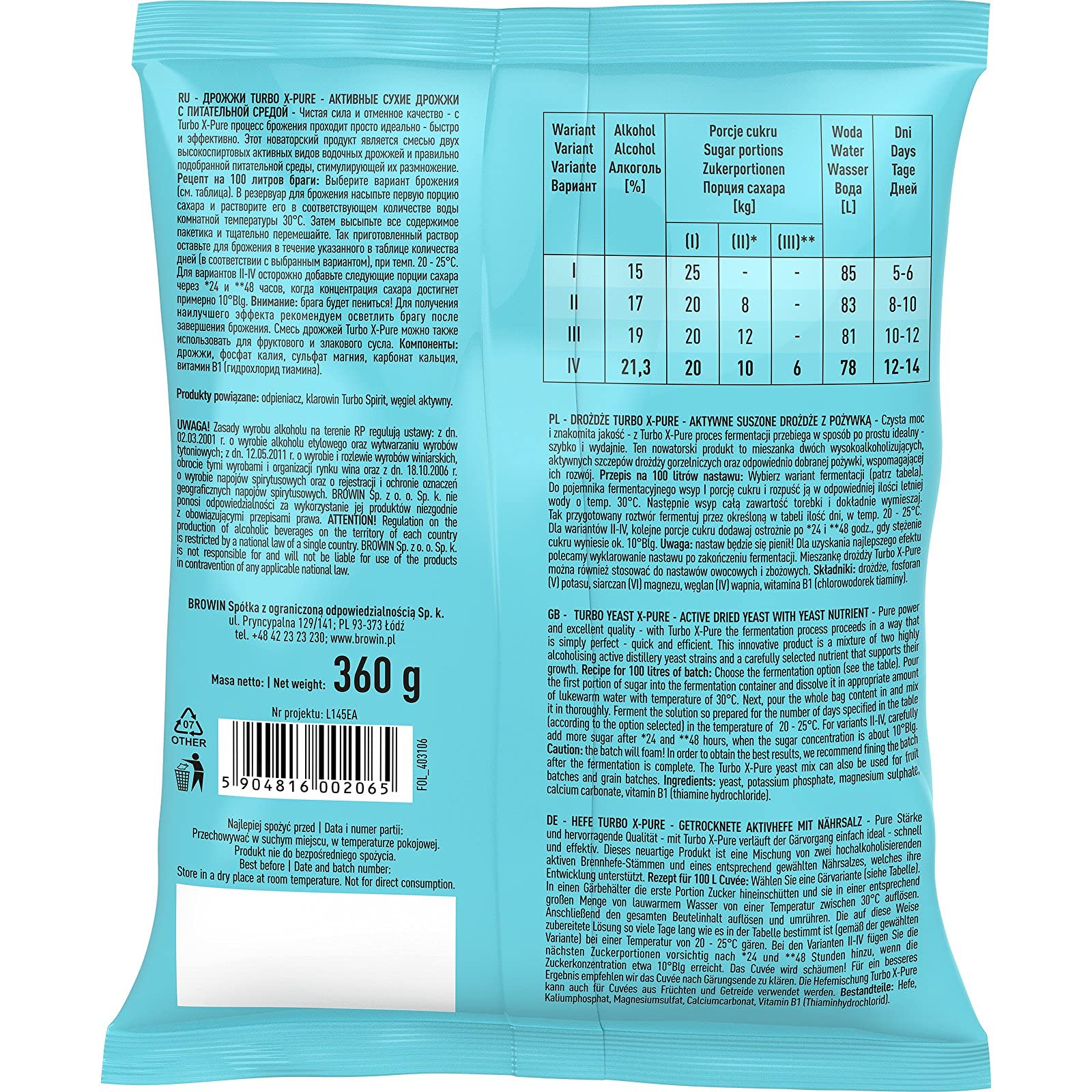 Browin 403106 Turbo Yeast X-Pure 21,3% 100L Drożdże do Alkoholu