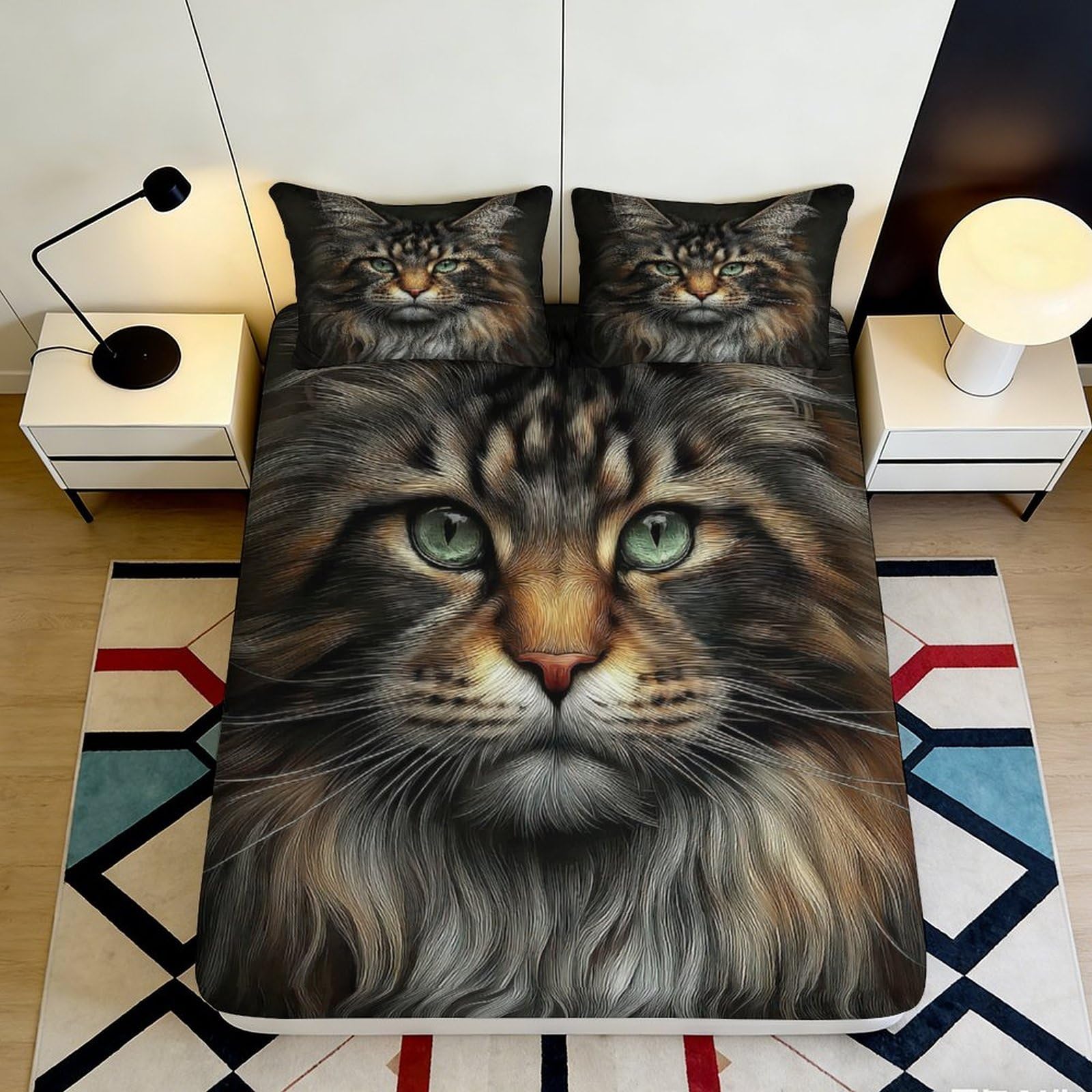 3D Printed Realistic Cat Face Fitted Sheet Microfiber Soft Breathable Tabby Cat Mattress Cover for Bedroom Dorm Decor 90x200x25cm