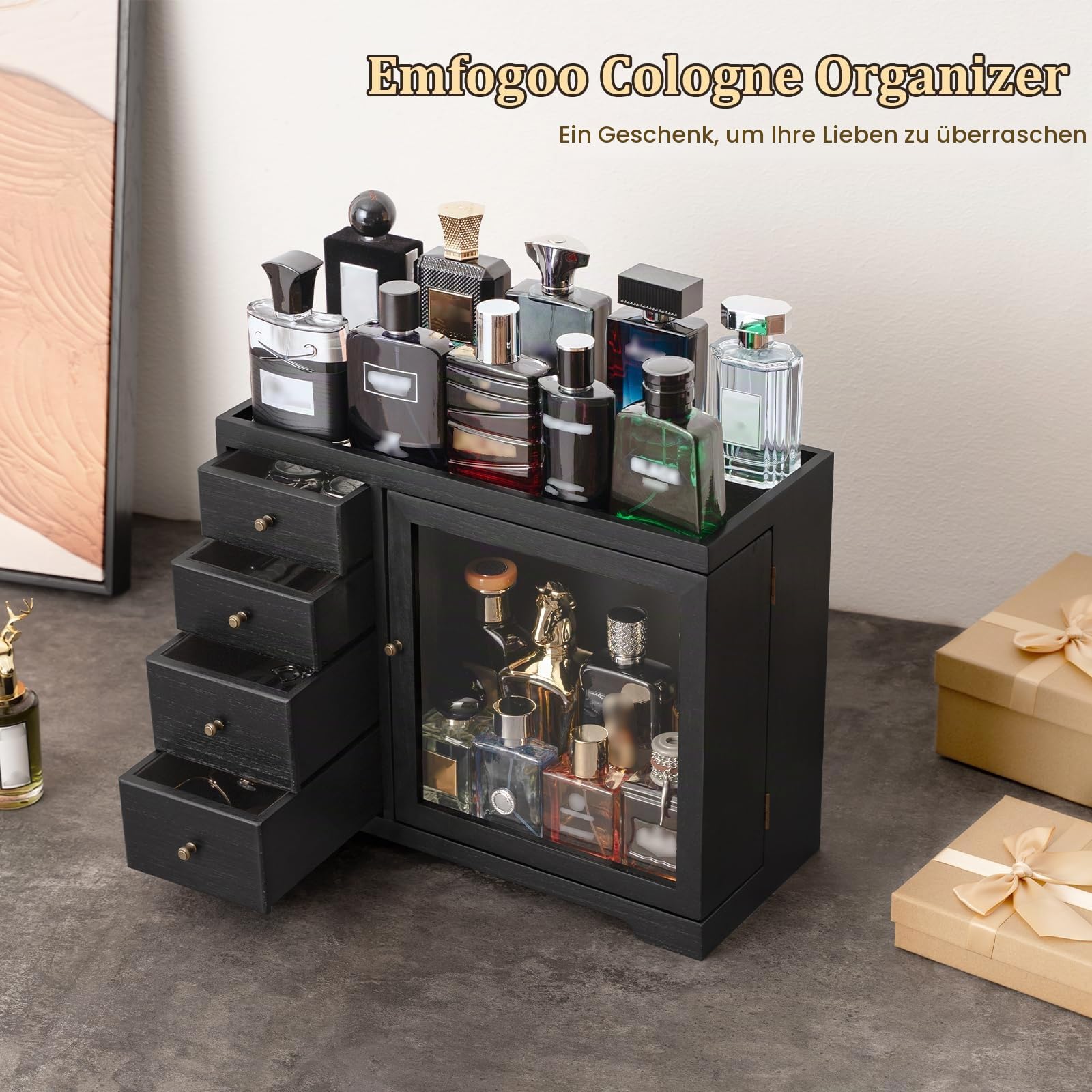 Parfüm Organizer, Holz Herren Parfüm Ständer mit Schublade, Parfüm Regal mit Transparent Sichtbarer Deckel, Premium Aufbewahrungsbox für Düfte, Kosmetik und Schmuck, Tolles Geschenk (Schwarz)
