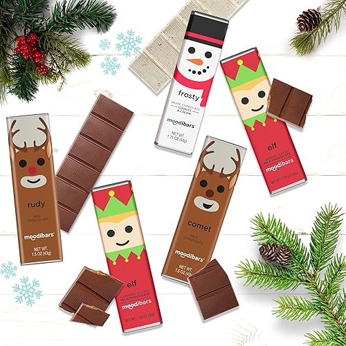 Vista 4 de MoodiBars by ASTOR - Paquete de regalo variado de chocolate navideño de 5 barras, leche envuelta individualmente, oscuro, blanco, menta, caramelo