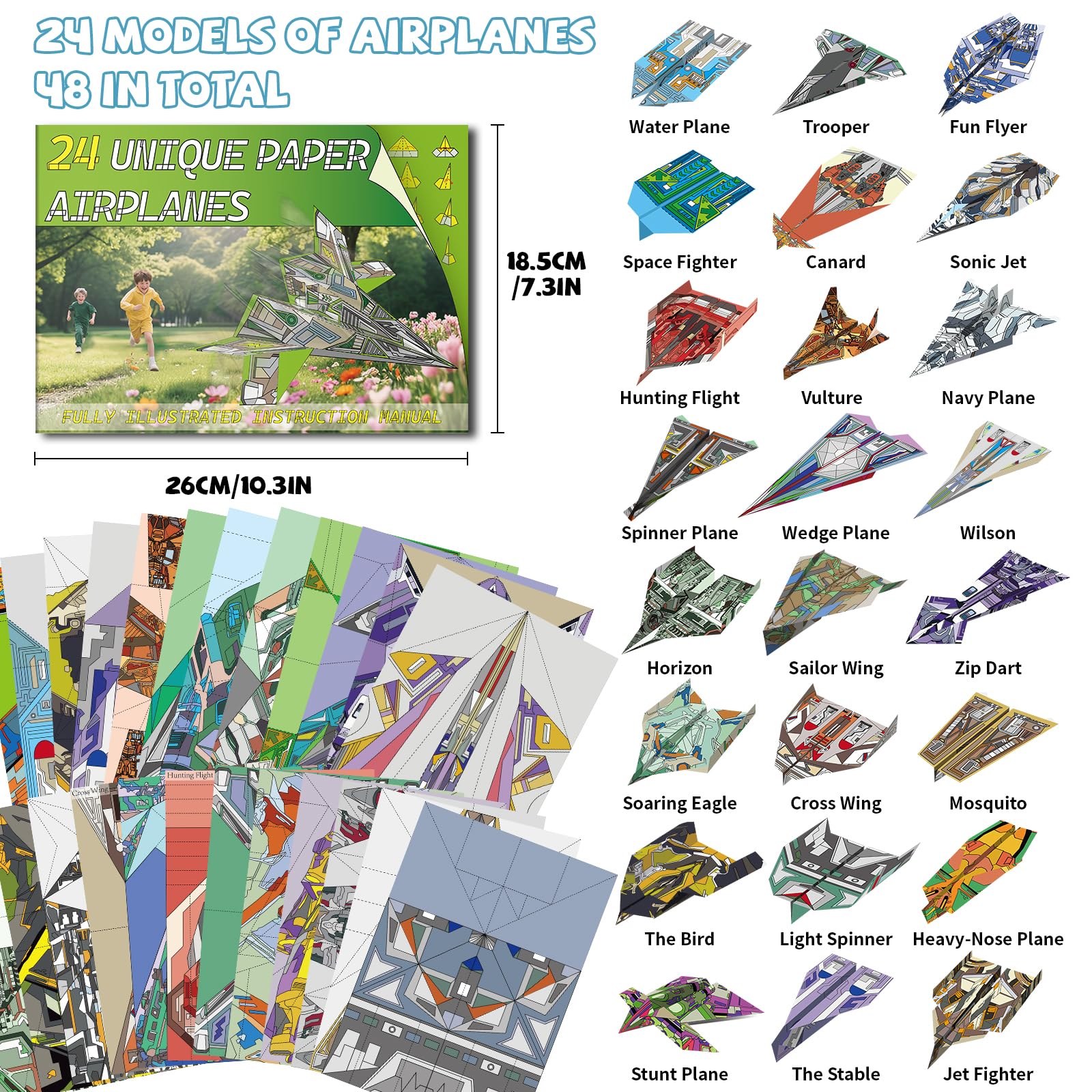 Elfew 48 Hojas Aviones Origami para Niños de 6 A 12 Años, Papel Origami Avion Juguete, Papiroflexia Para Niños y Niñas, Manualidades 10 Años