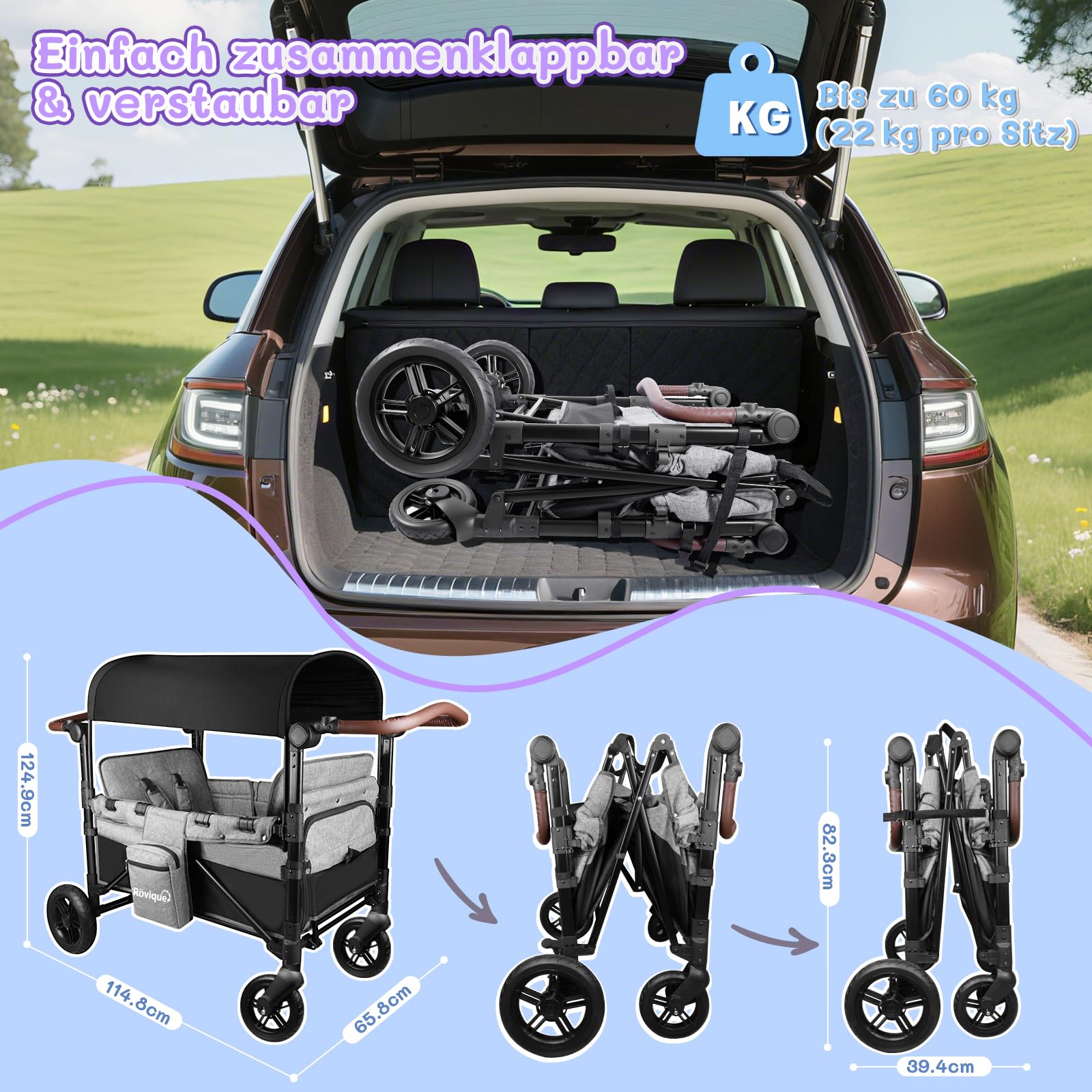 Rovique Bollerwagen faltbar mit 2 Sitze,Premium Bollerwagen für 2 Kinder mit Dach Kinderwagen Handwagen mit 5-Punkt-Gurt,Snack Tablett,Sonnenschutzdach,geländegängigen PU-Rädern,grau