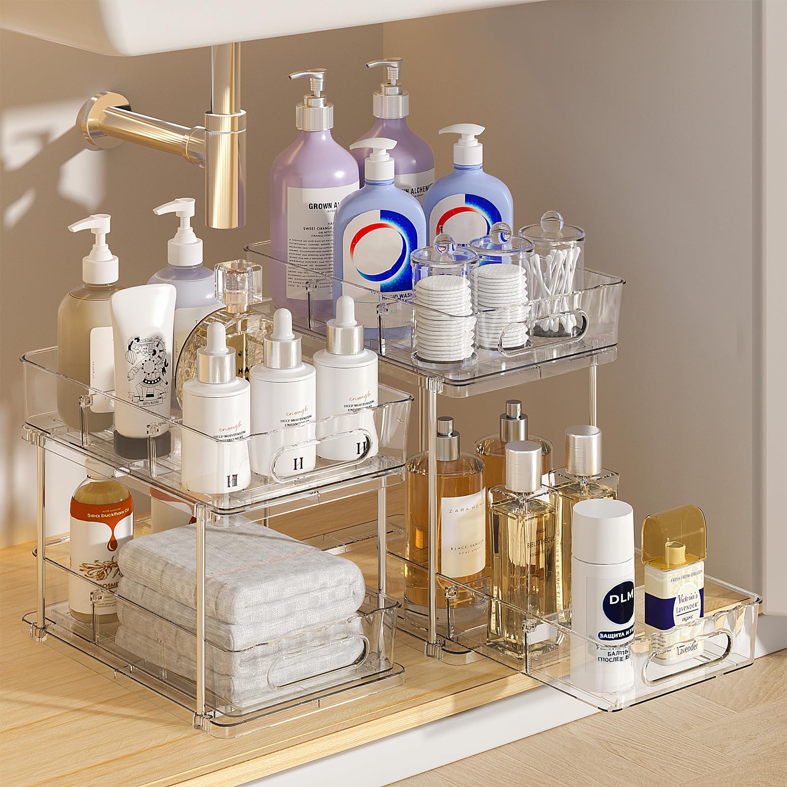 Delamu 2 Tier Snap-Lock Bathroom Under Sink Organizers and Storage Multi-Purpose Cabinet Drawers with Movable Dividers Pull Out