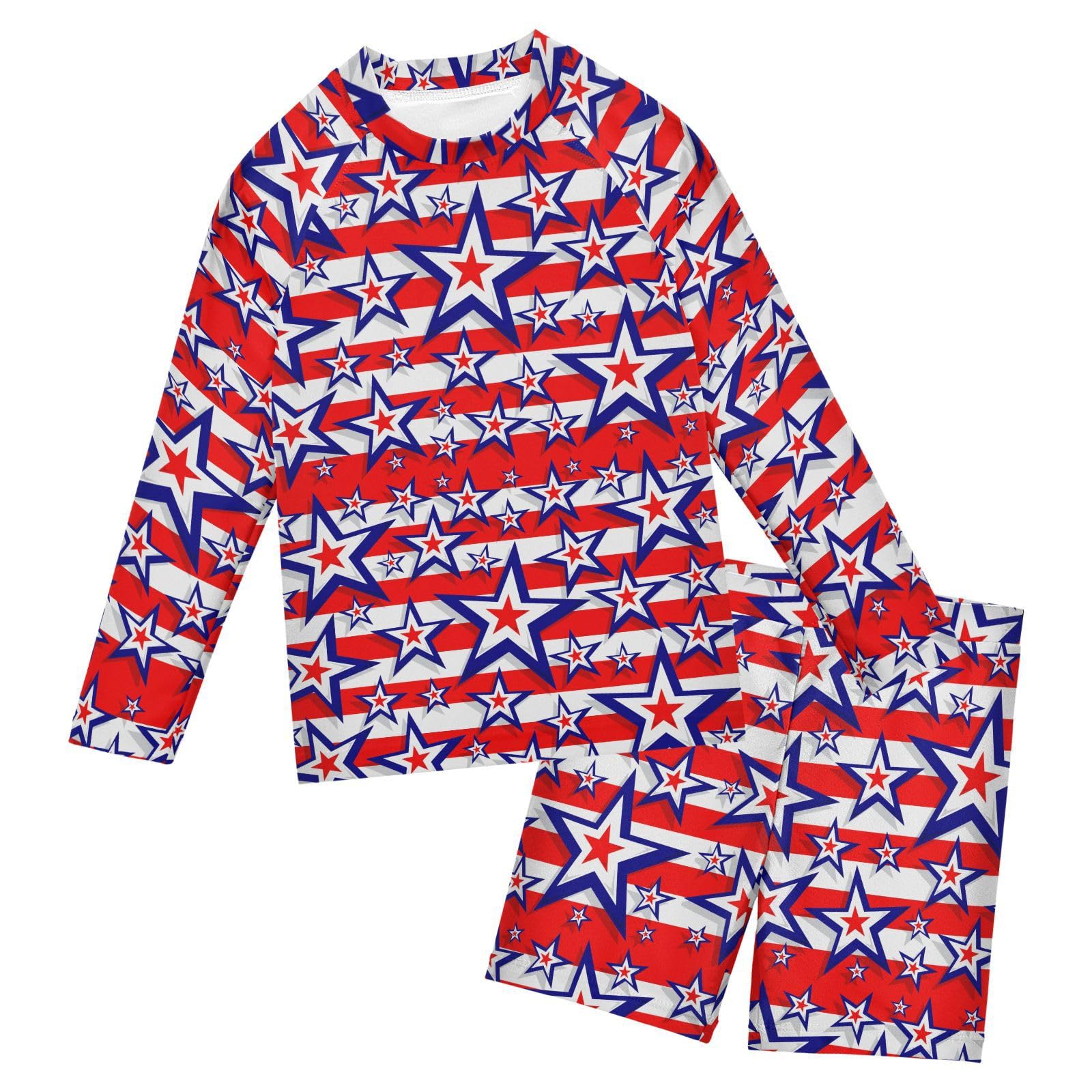 Aflyko Patriot Boys Girls Rash Guard Set Patriotic Navy Star Red Stripes Swim Outfit Pollover Bathing Suit Fishing Sun Shirt Quick Dry Kids Swimming Surfing Shorts, 9-10T