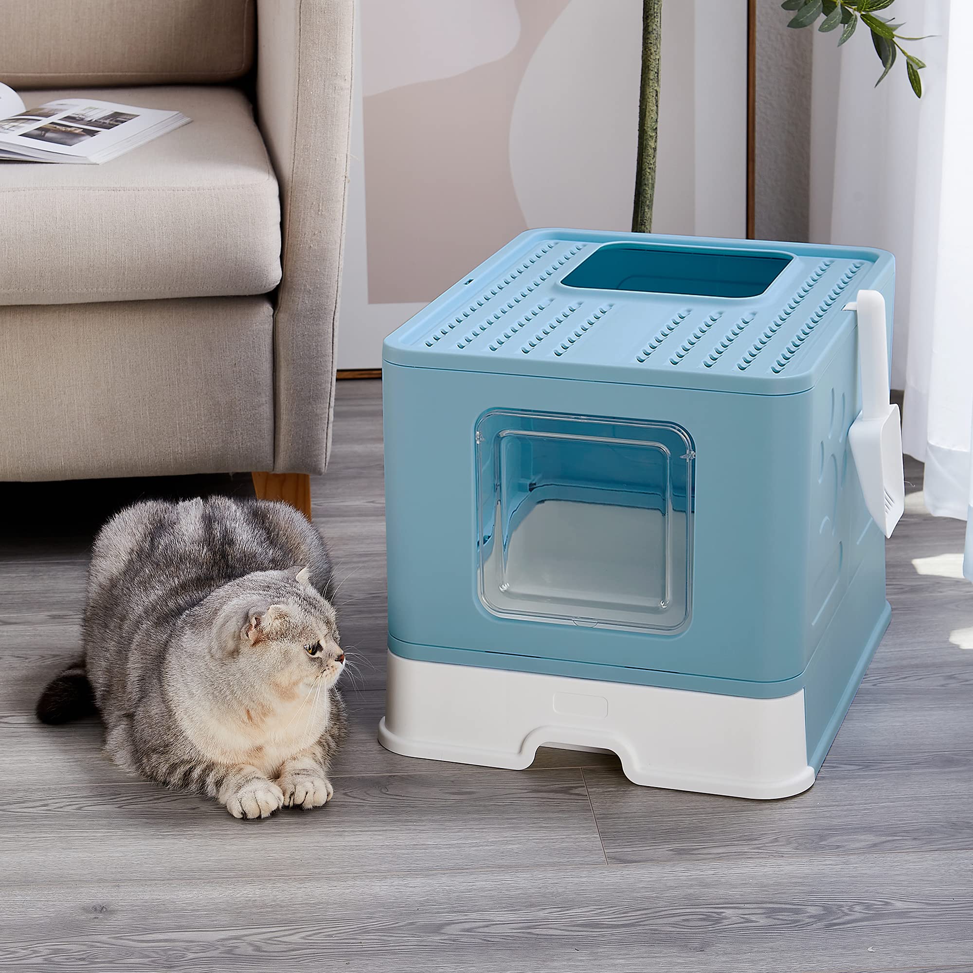 Vealind Foldable Cat Litter Tray Cats Litter Box with Front Entry & Top