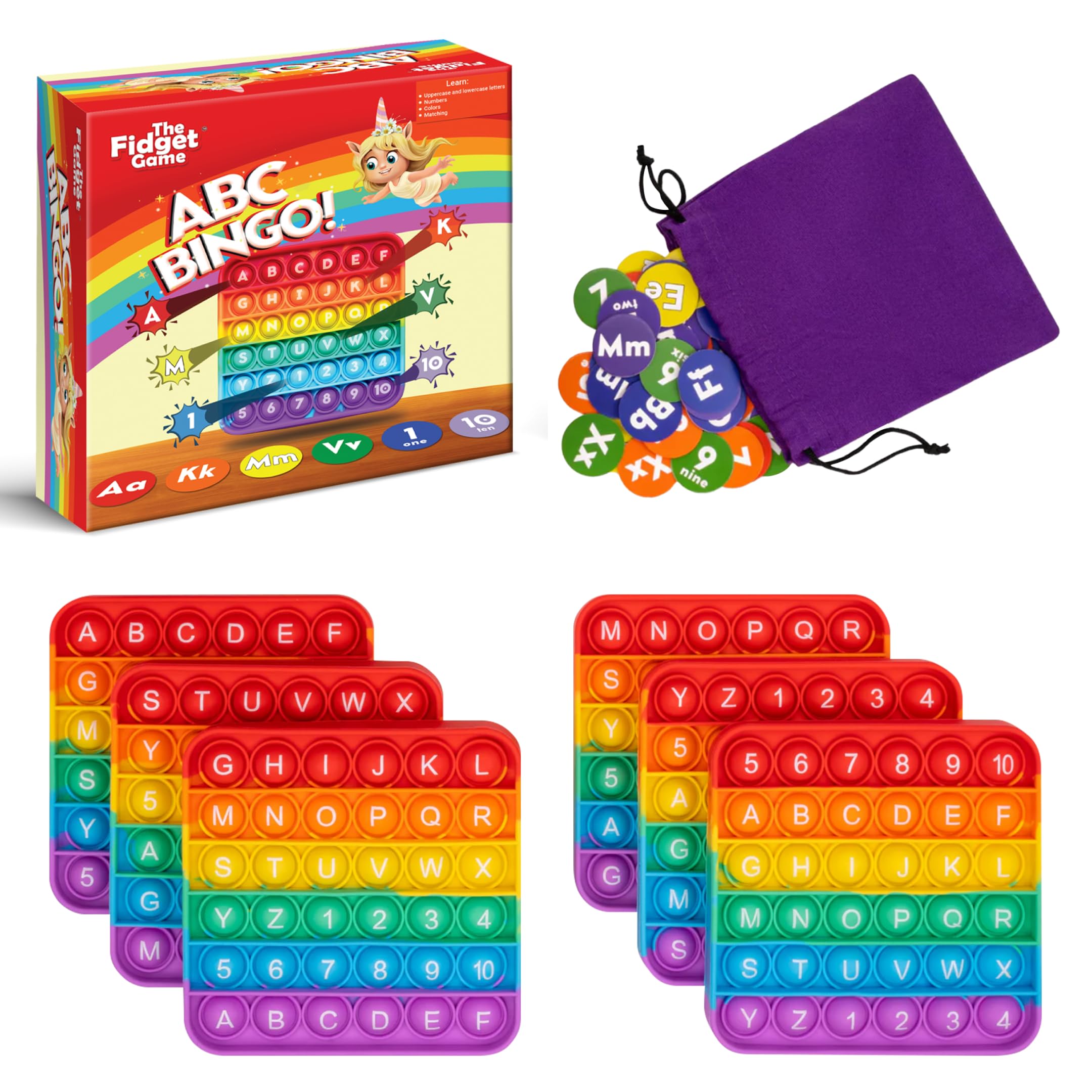 ABC Bingo, Games for Kids - Six Educational Alphabet Bingo Popping Mats for Preschool, Toddlers, Kindergarten - Learning Activities for 2-6 Players 3+ Years