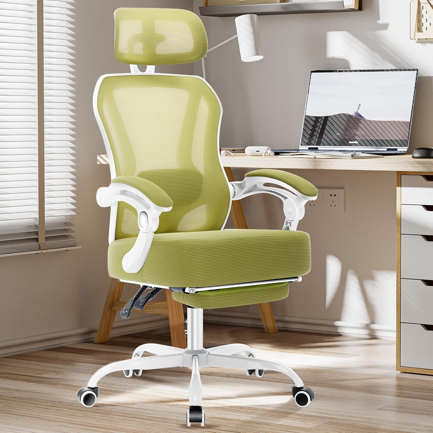 ergonomic office chair with footrest,ultra thick reclining office desk chair with adjustable 2d lumbar support and headrest,spring cushion,high back premium mesh computer chair office chairs,green