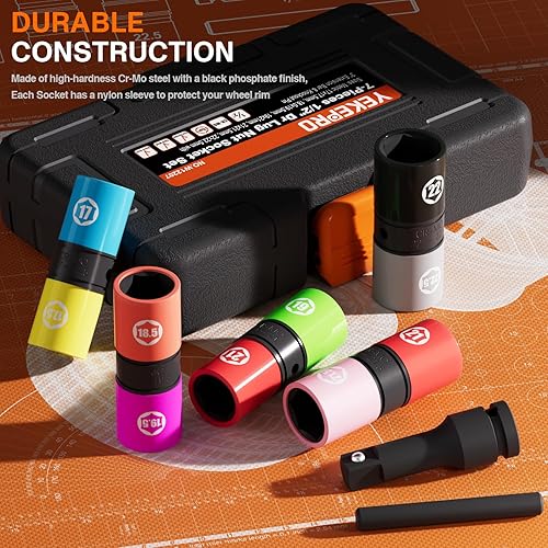 Miniatura 9 de YEKEPRO Juego de llaves de impacto de 12 pulgada, juego de 6 piezas de tuercas abatibles de pared delgada, acero al cromo moly, SAE y tamaños