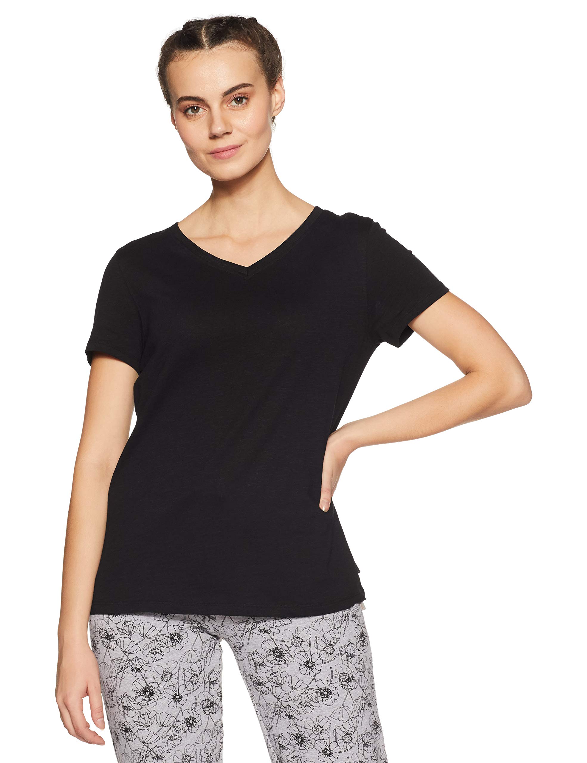 Van Heusen Women Lounge T-Shirt - 100% Super Combed Cotton - Colour Fresh, V-Neck, Short Sleeve_55402_Black_L
